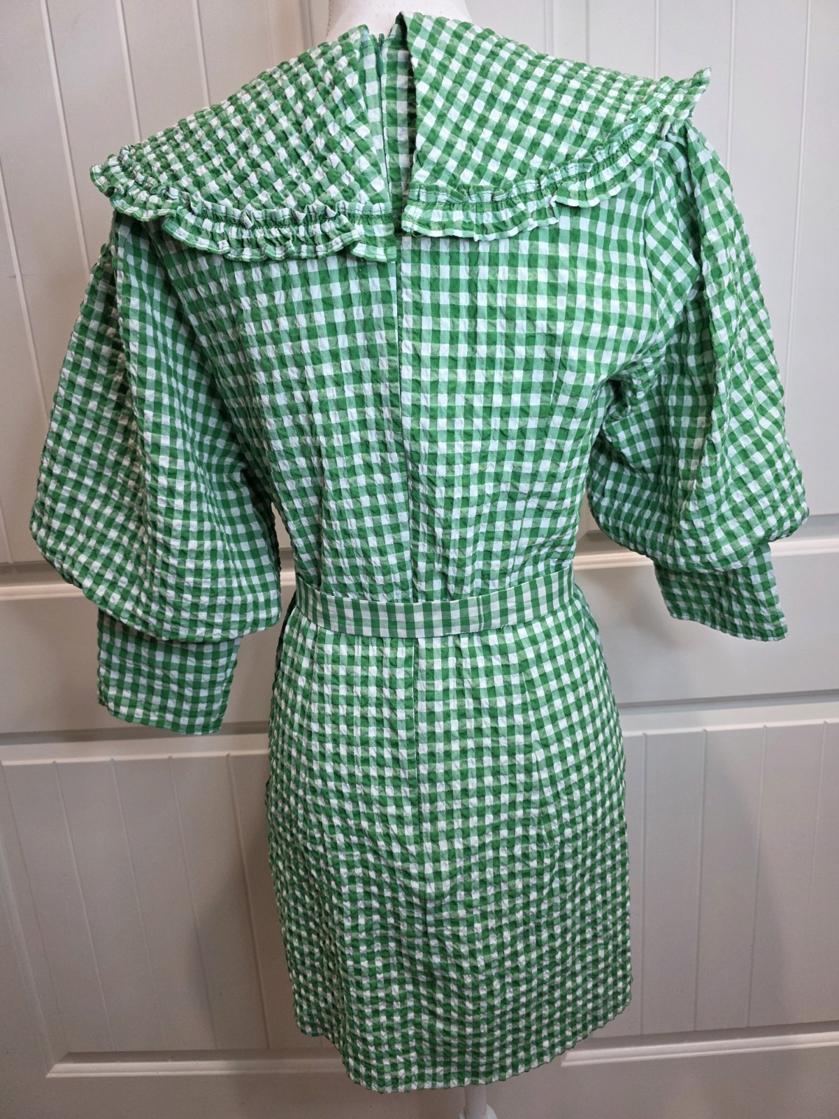 Reserved Green Gingham Seersucker Mini Dress Peter Pan Collar Belted EU40 UK12