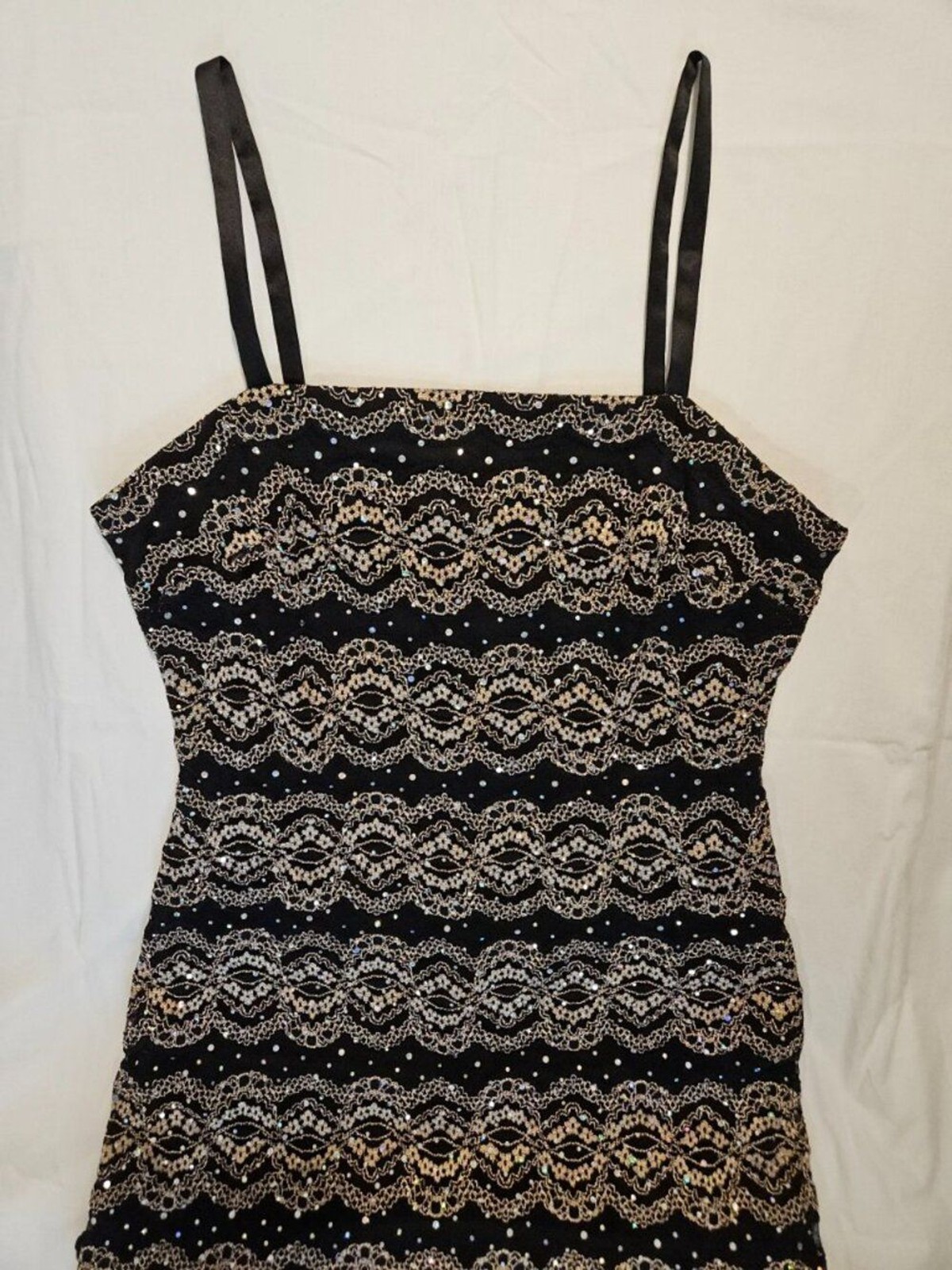 R&M Richards Metallic Gold Lace Rhinestone Cocktail Dress – 12