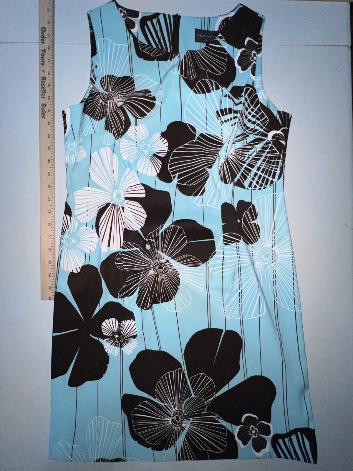 Connected Petite Dress 14P Blue Brown White Floral Sheath Sleeveless Stretch
