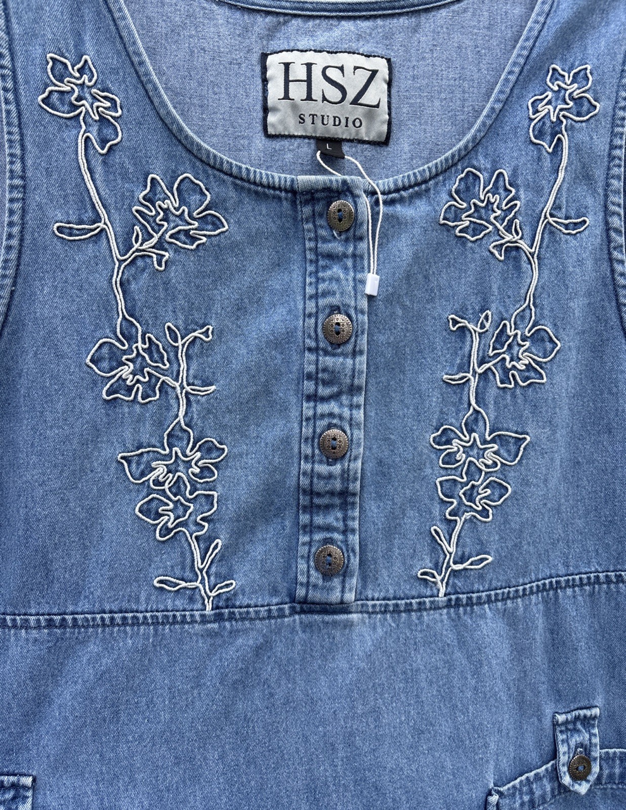 Vintage HSZ Studio Dress Large Long Sleeveless Blue Chambray W/White Embroidery
