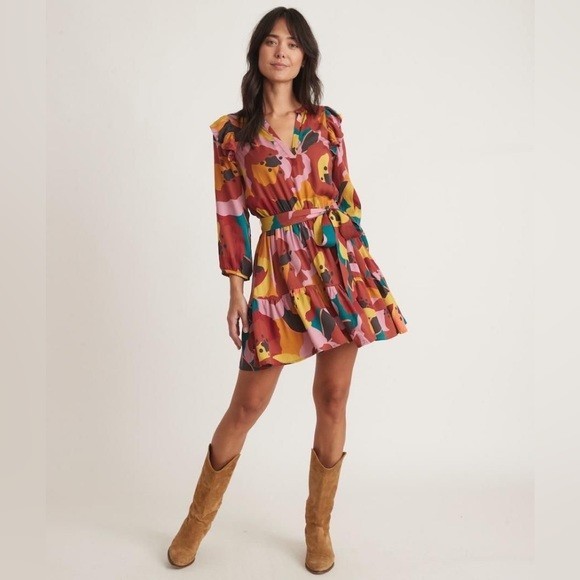 Marine Layer Elise Exploded Floral Mini Dress Tiered Ruffle Sz L Colorful Art