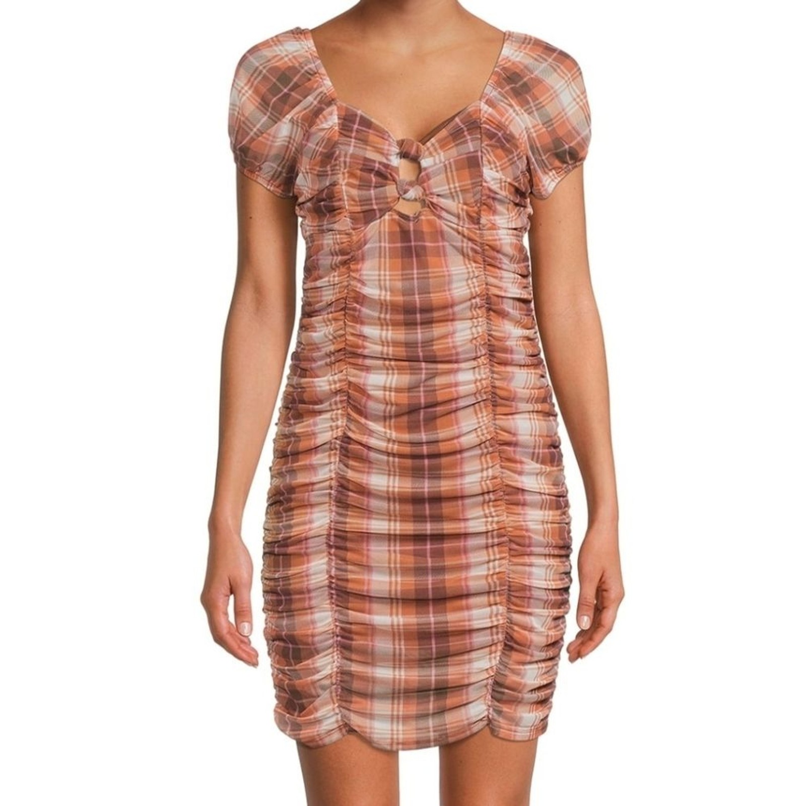 Madden NYC Plaid Ruched Bodycon Dress – Puff Sleeves, Front Knot Cutout, Size Sm