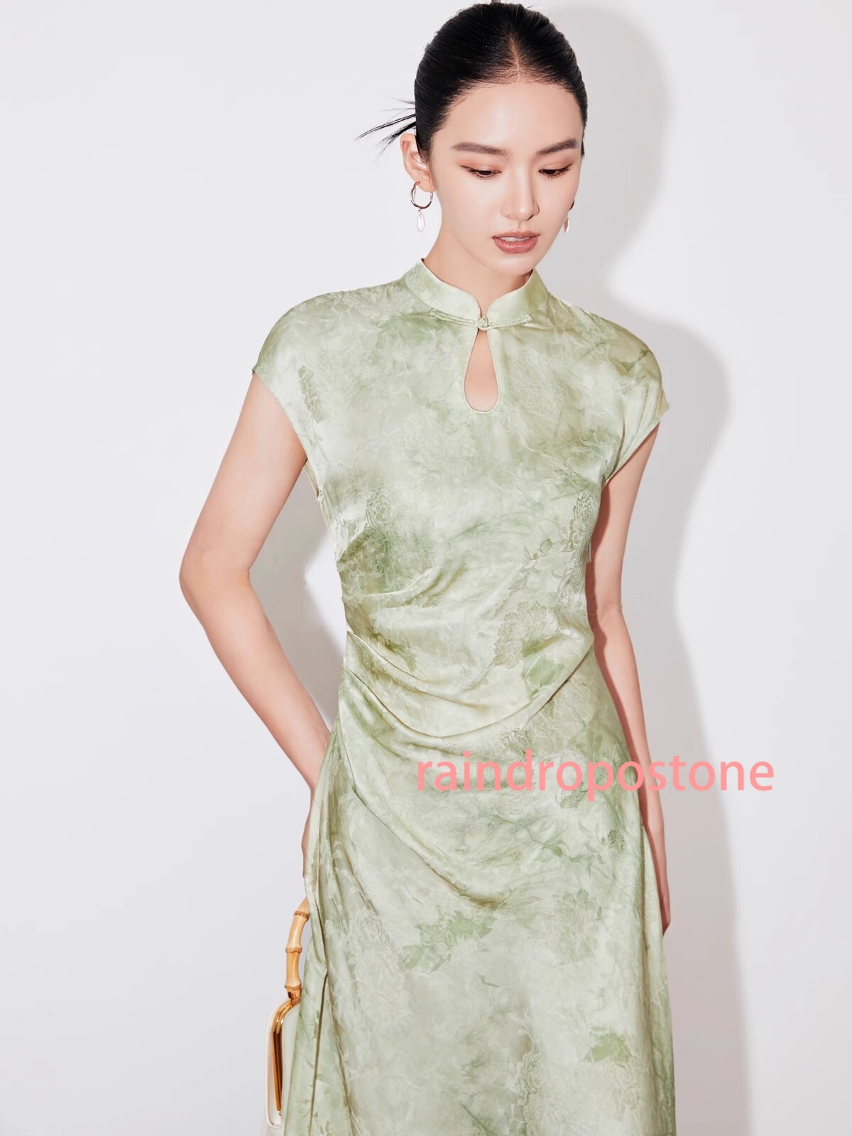 Womens Stand Collar Floral Printed Mid Long Dress Sleeveless Retro Chinese Style