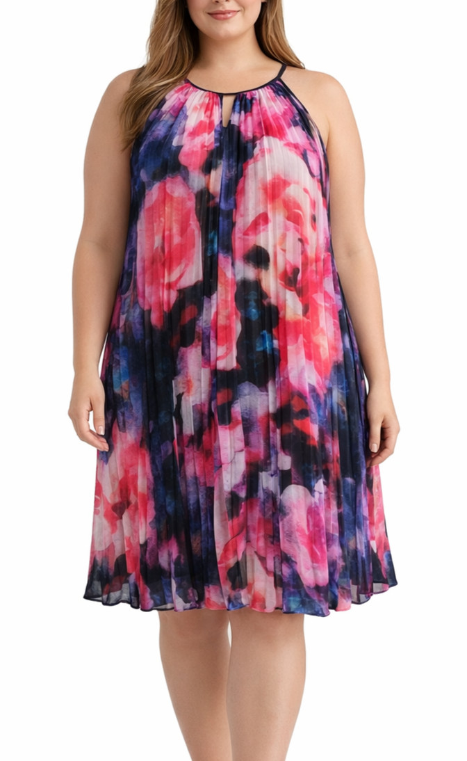 Maggy London Glam Pink Floral Pleated Chiffon Trapeze Cocktail Dress Sz 14 $168