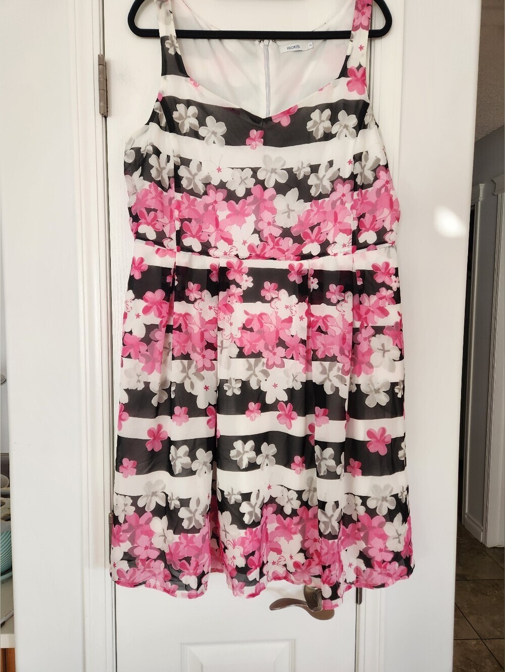 Rickis White Black And Pink Floral Summer Dress Size 16 GUC
