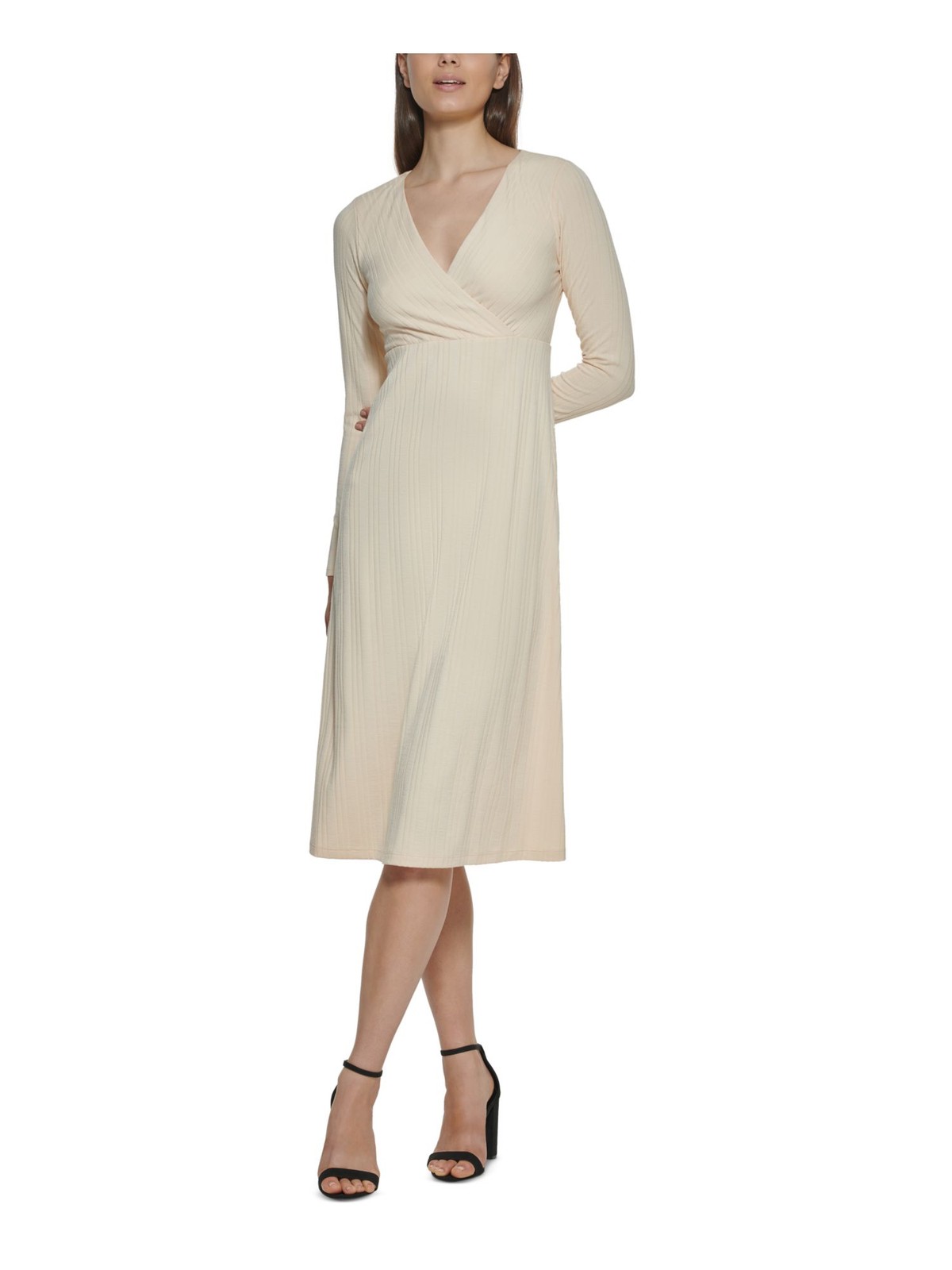 KENSIE Womens Beige Knit Long Sleeve Below The Knee A-Line Dress M