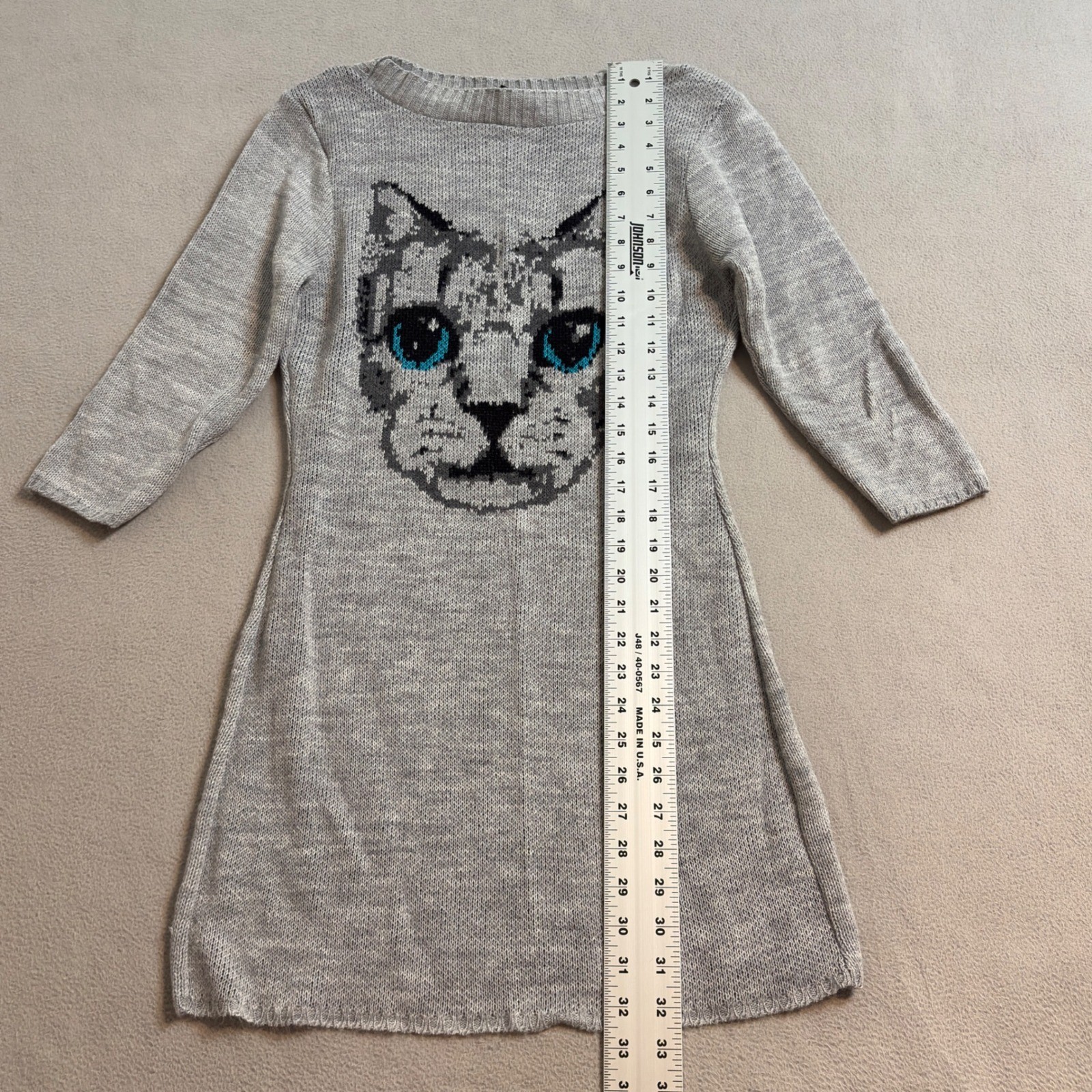 Hot Shot Gray Cat Graphic Knit Sweater Dress 3/4 Sleeve Small USA Made