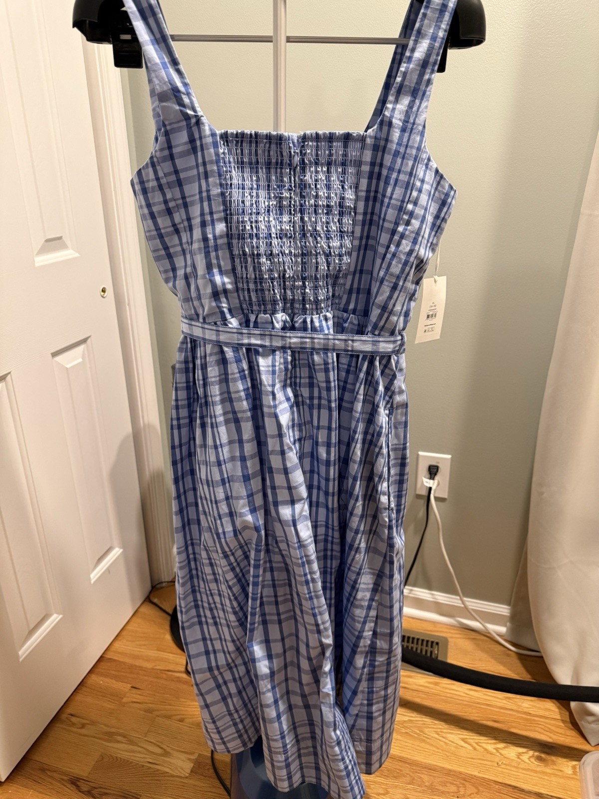 Blue Gingham Midi Dress Square Neck Tie Waist Smocked Back Cottagecore Size L