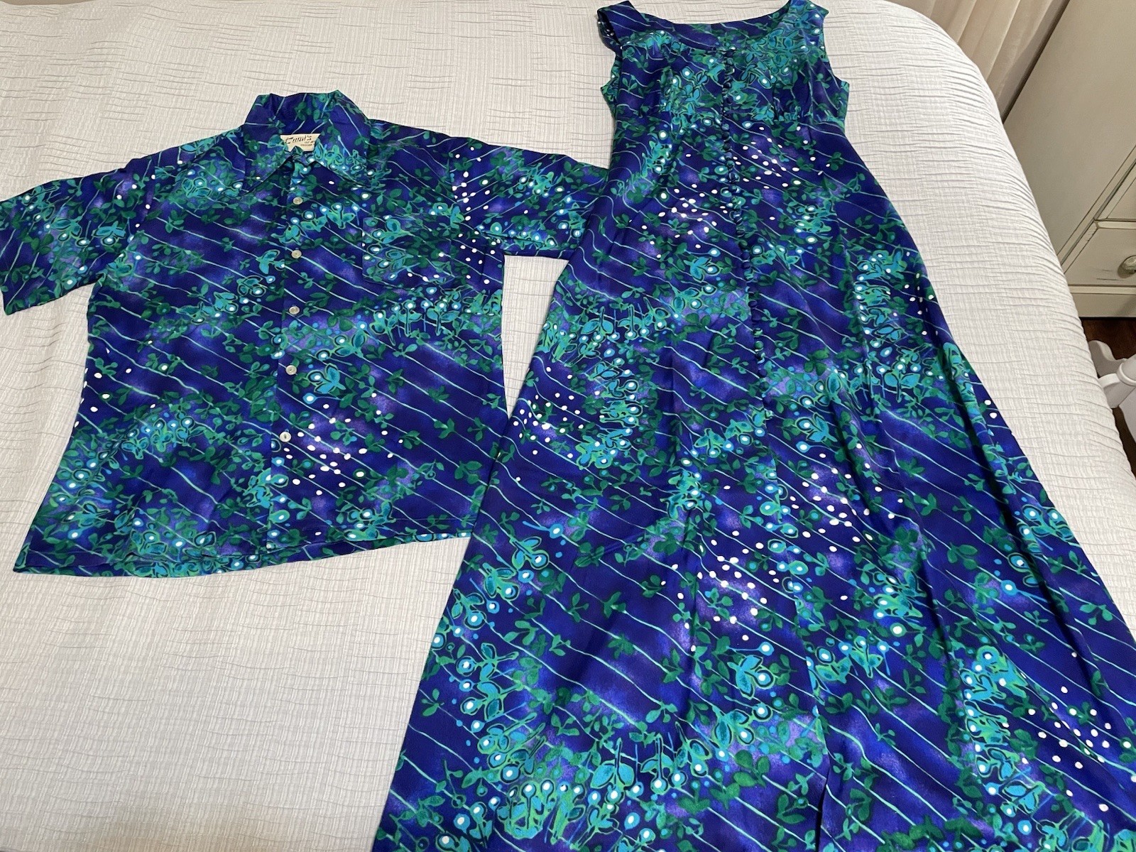 Vtg 60s Fumi’s at Waikiki Couture Maxi Dress & Men’s Button-up Shirt EUC **