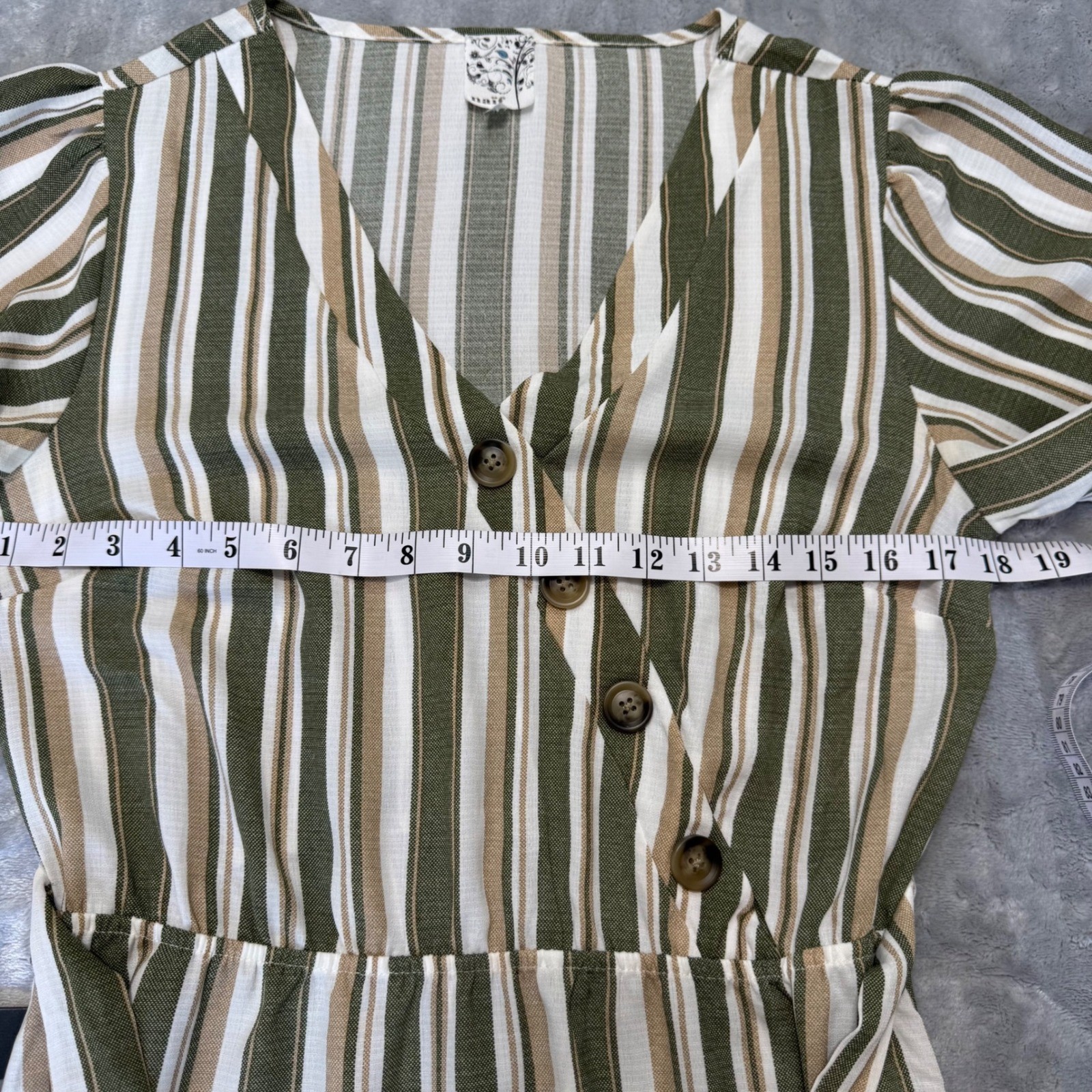 Naif Olive Green Striped Button Accent Maxi Dress Short Sleeve Belted Medium