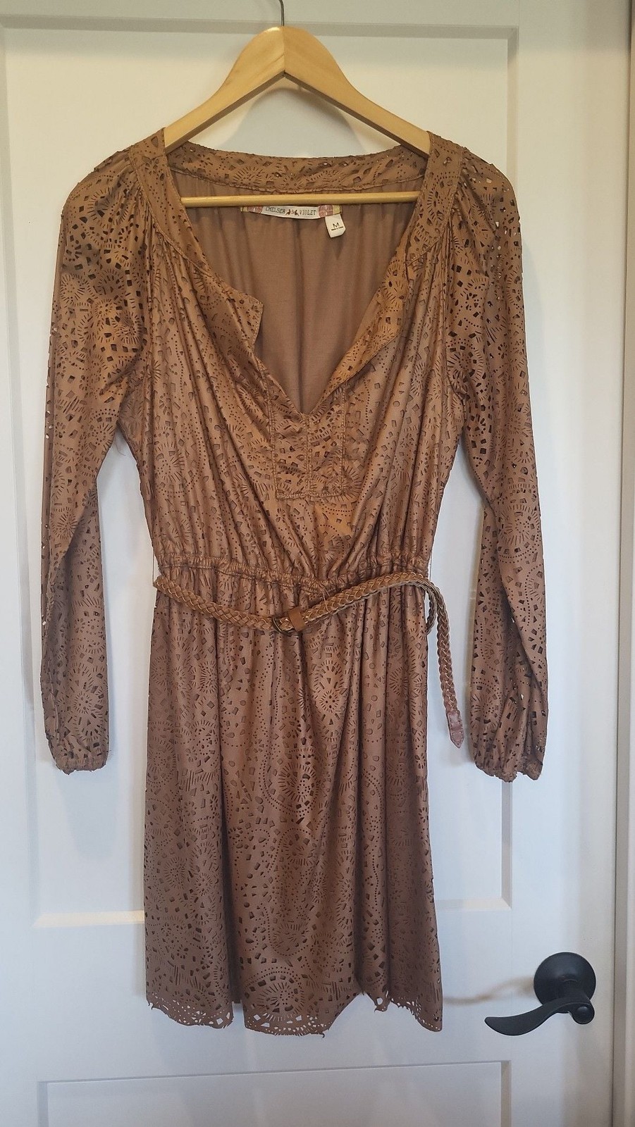 Chelsea & Violet Camel Faux Leather Laser Cutout Mini Dress with Braided Belt, M