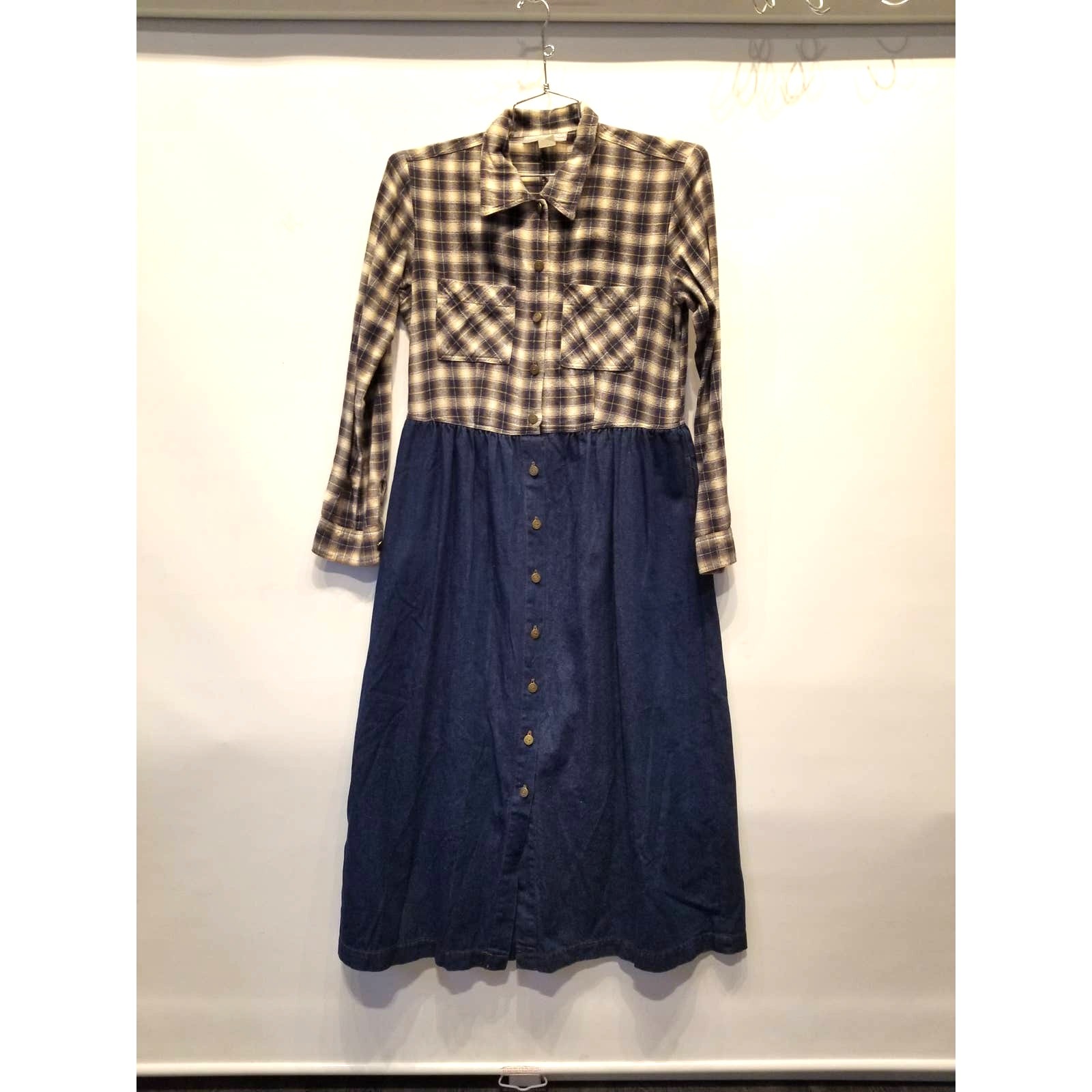 Vintage 90s Western Style Flannel Denim Dress Plaid Check Rodeo Style Size M