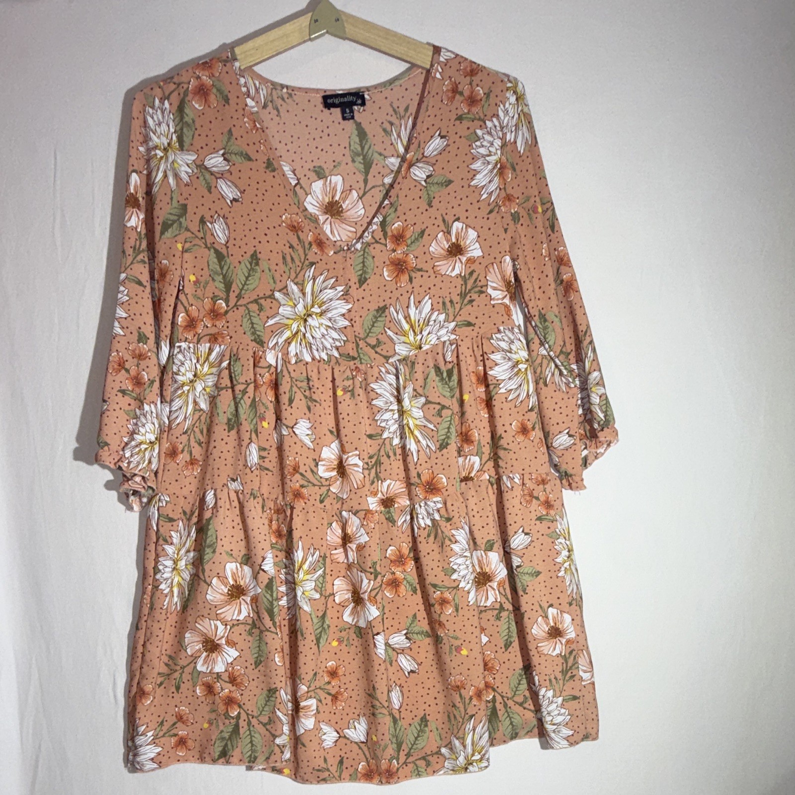 Originality Pink Floral V-Neck Raglan 3/4 Sleeve Babydoll Short Dress S