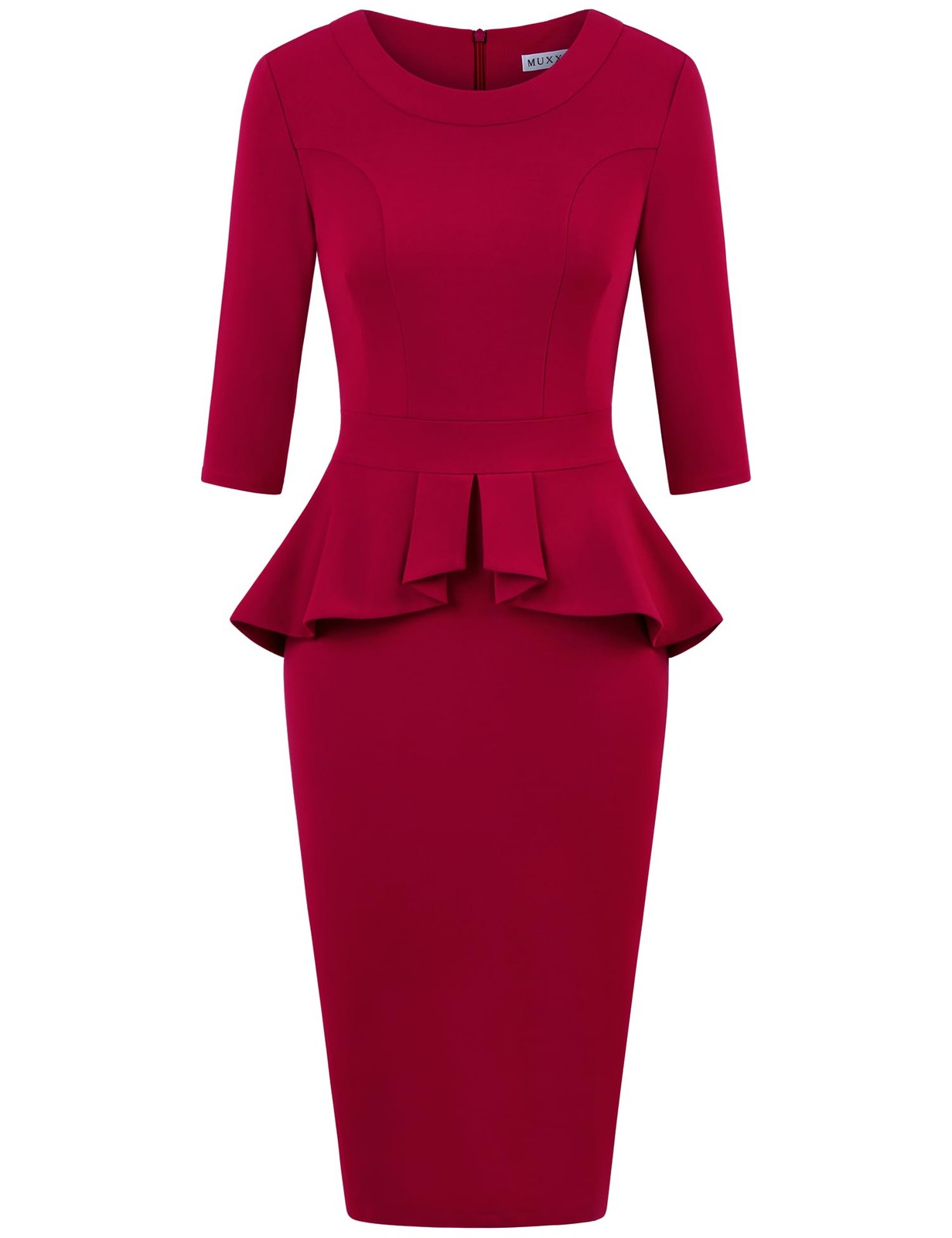 MUXXN Women’s Peplum Pencil Dress Burgundy 3/4 Sleeve Ruffles Slim Fit Large
