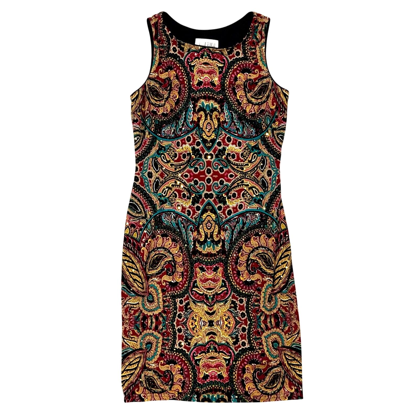 Joseph Ribkoff Jewel Tone Digital Print Jersey Dress Sz 8 Sequins Fitted Sheath
