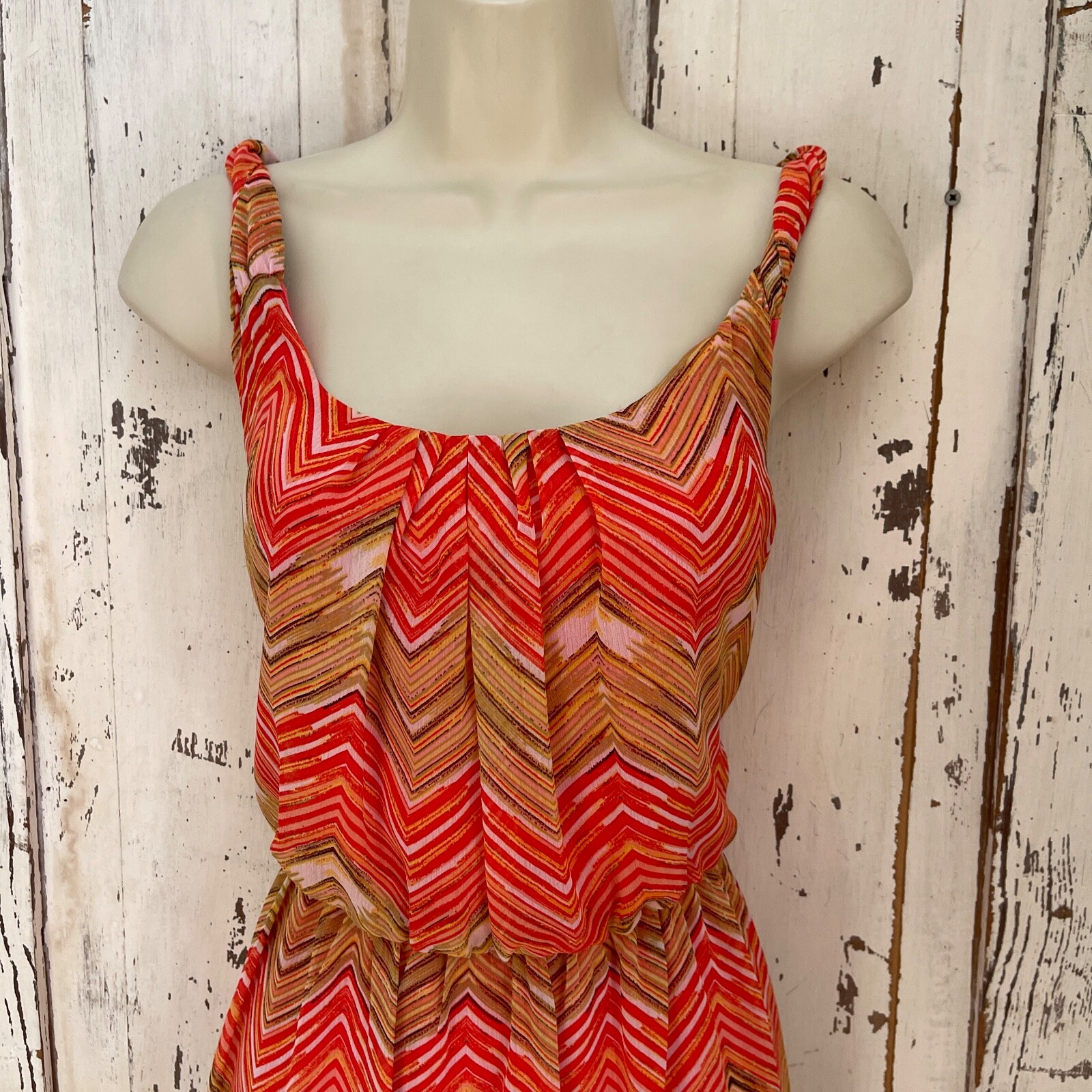 AB Studio Size Small Womans Pink Yellow Red White Brown Chevron Sundress Dress