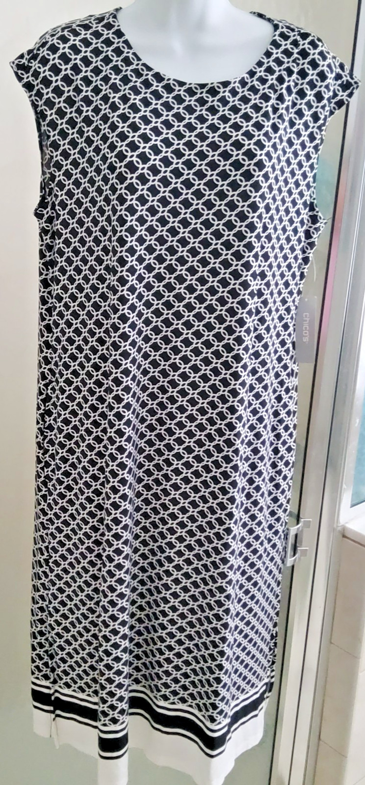 CHICO’S CHAINLINK GEO MIDI DRESS-SIZE 2/LARGE-SIDE POCKETS-BLACK/WHITE-*NEW*