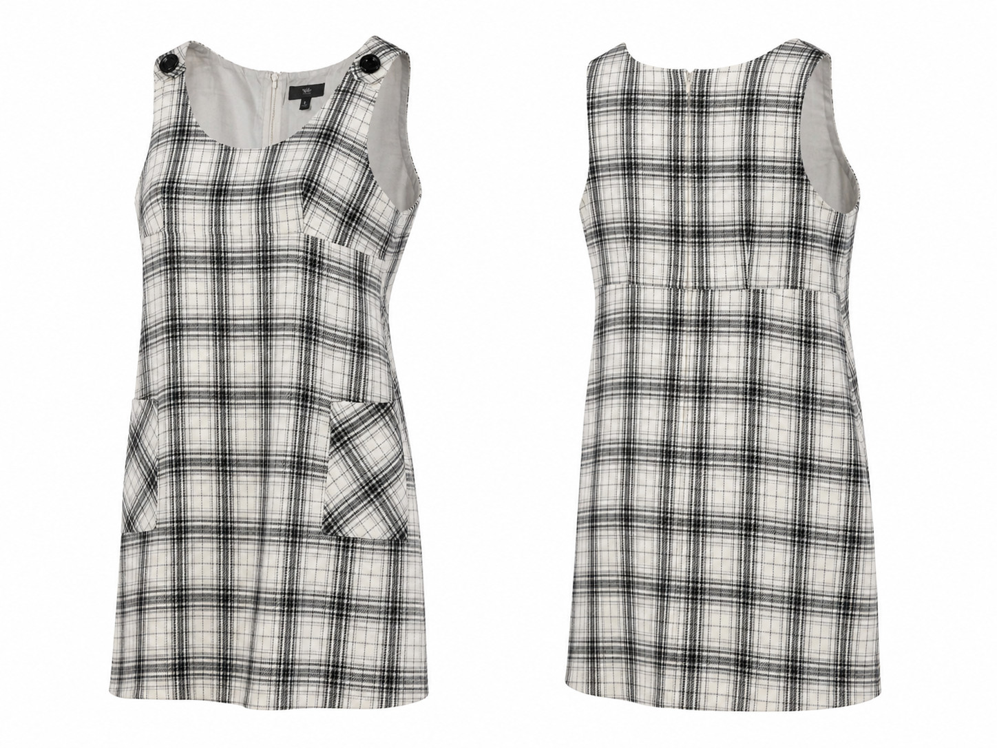 My Michelle Plaid Dress L Black White Sleeveless Pockets Button Strap Zip
