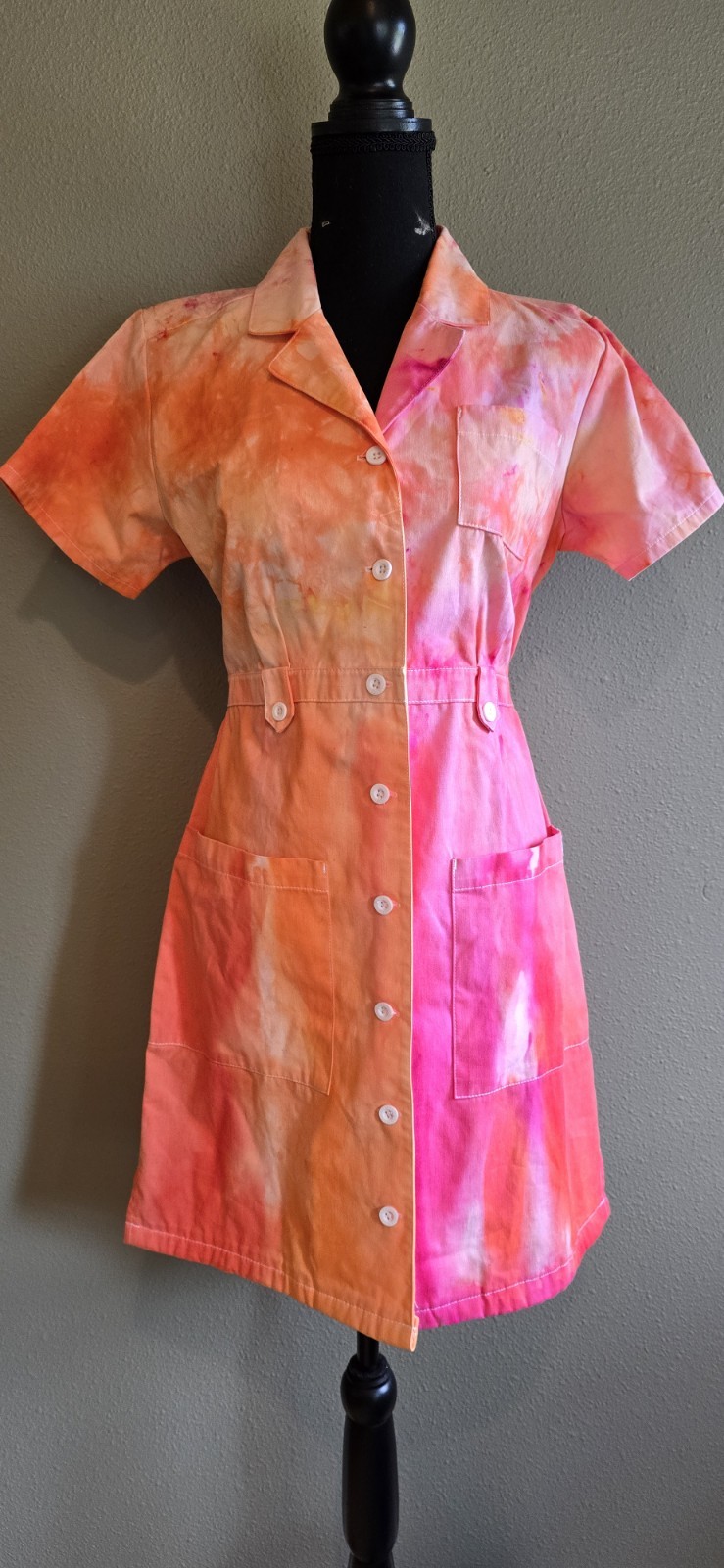 Womens Tie Dye Dickies Work Shirt Dress Button Front W/ Pockets XS Pink & Orange