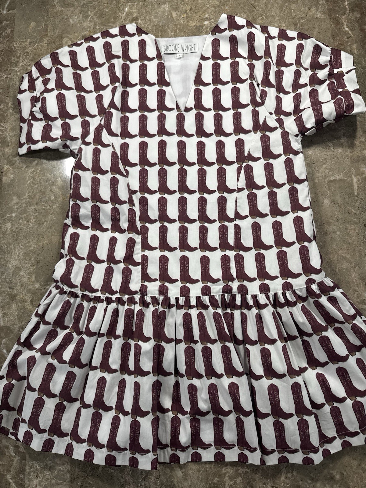 Brooke Wright Western Boots Print A-Line Dress S White Brown V-Neck Ruffle