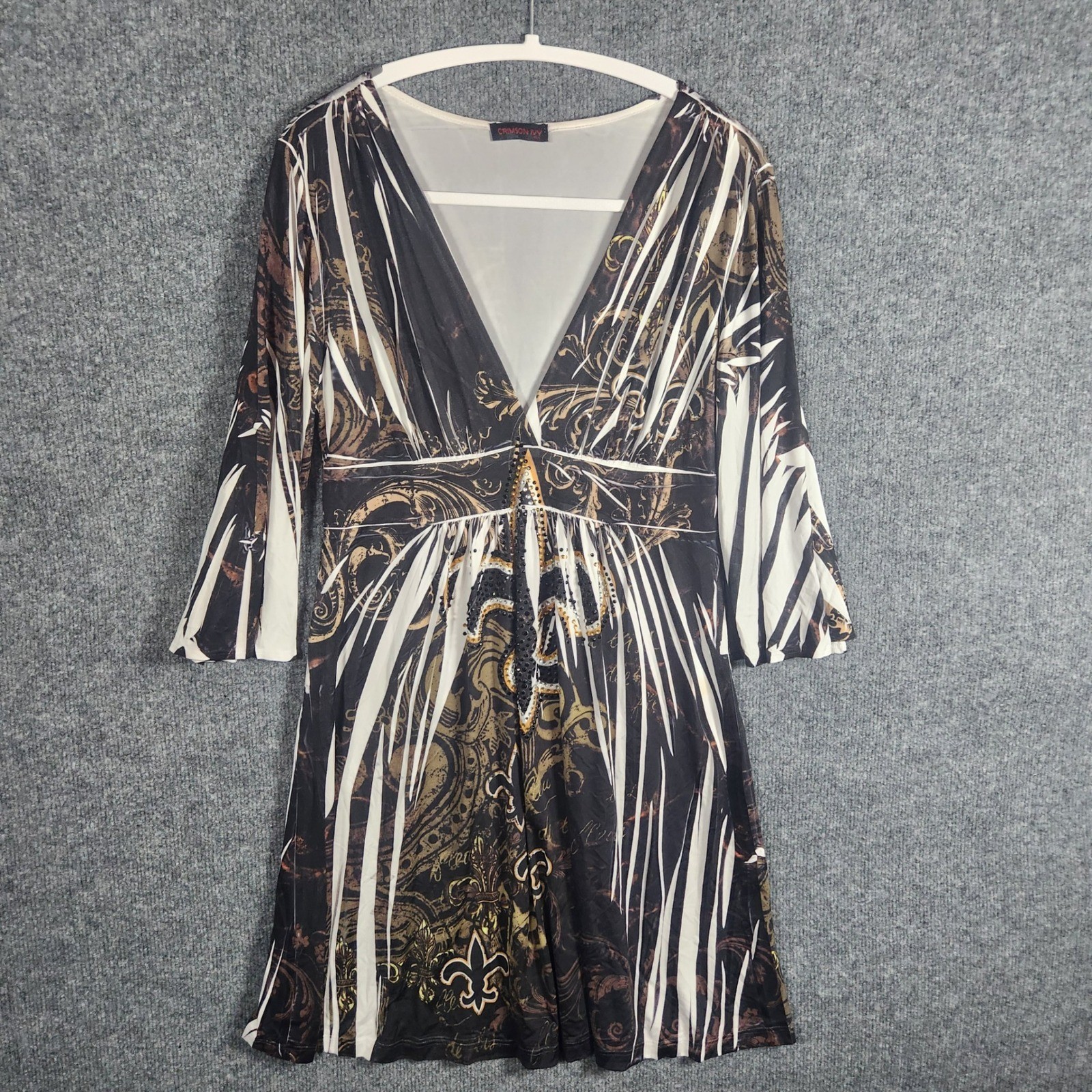 Crimson Ivy USA Fleur De Lis Baroque Print Rhinestone V-Neck Tunic Dress Black L