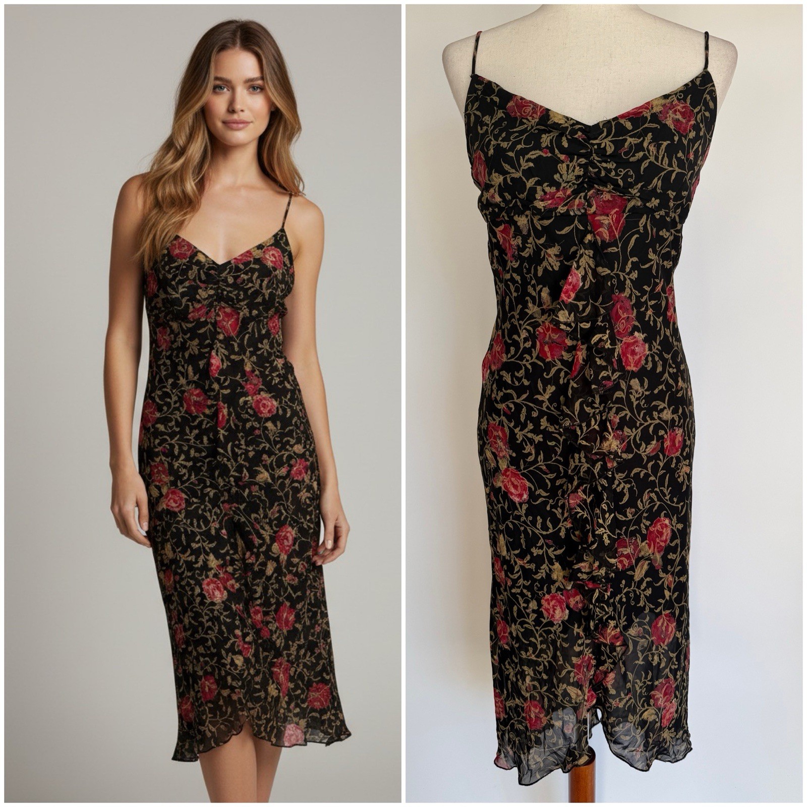 Vtg Romantic Whimsigoth Dress Black Red Floral Midi Y2K Dark Fairygrunge Medium