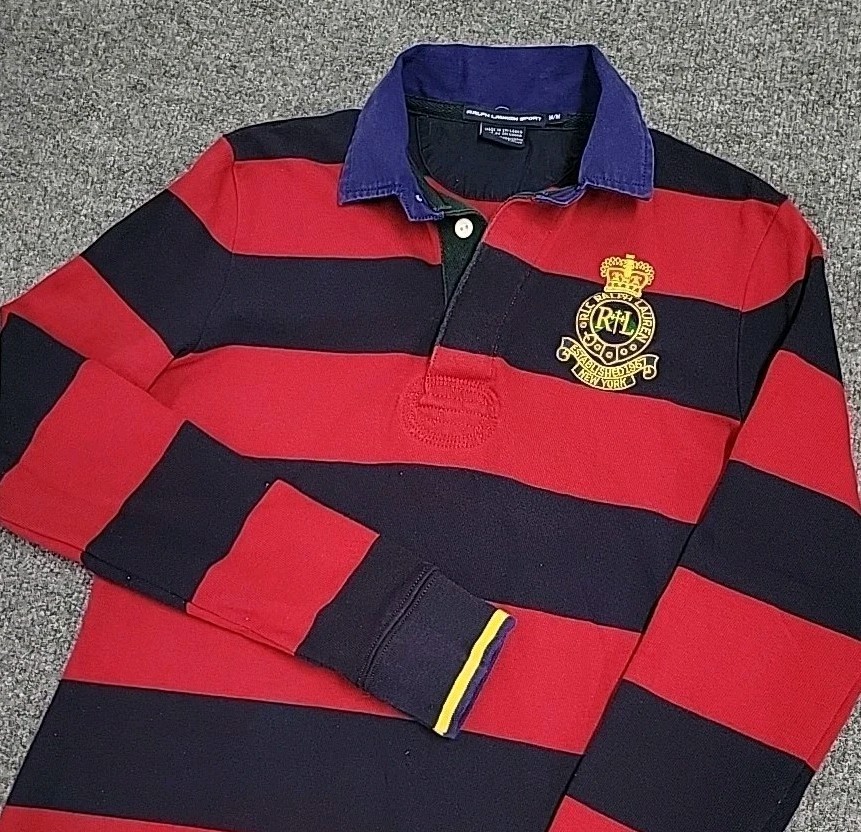 Ralph Lauren Sport Shirt Dress Womens Medium Red Navy Blue Rugby Crest Striped
