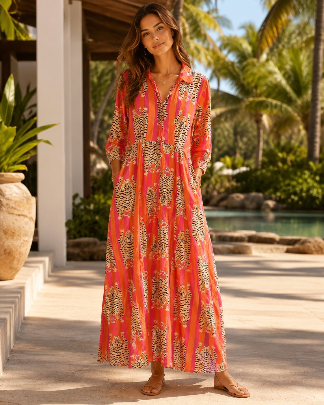 Guadalupe Tiger Print Maxi Dress Orange Pink Cotton Resort Boho Chic Womens Sz