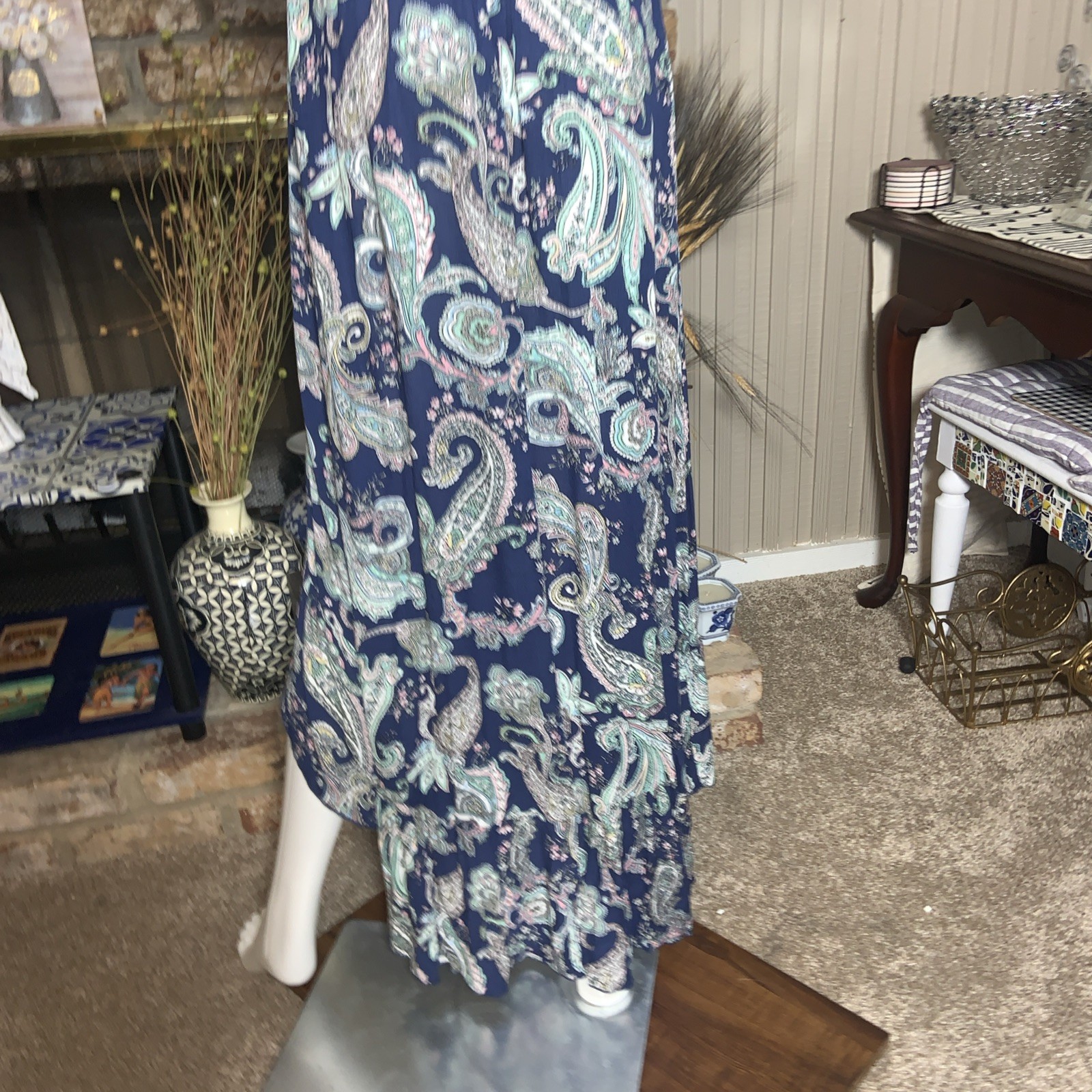 Paisley Halter Dress Medium Blue Resort Vacation Ruffle Hem Boho NWT Sexy
