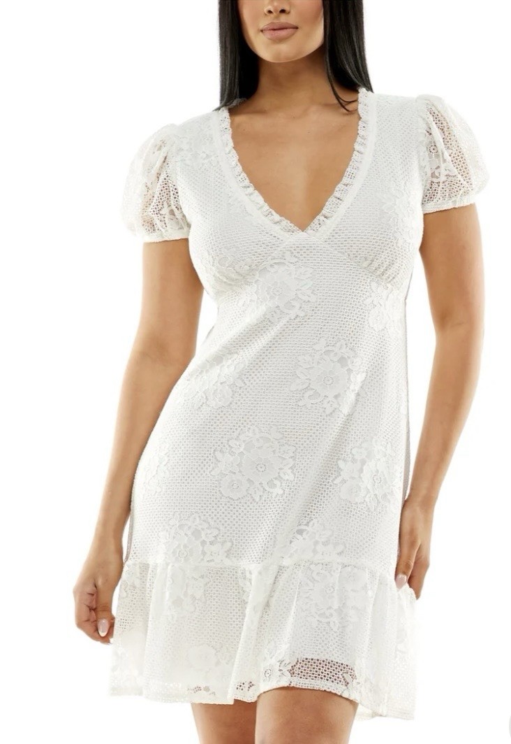 Speechless Lace Puff Sleeve Fit & Flare Dress XL Vneck Floral Print Summer Beach