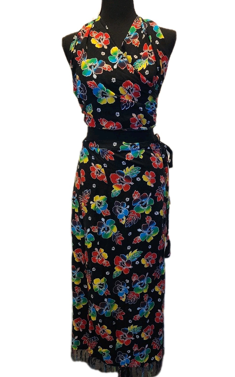 Indocraft Imports Floral Halter Top & Sarong Set Black Rayon Resort Beach Cruise