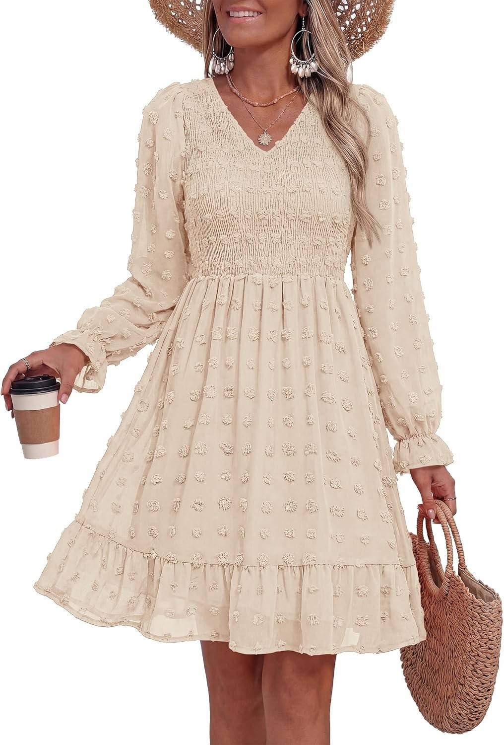 Summer Dresses for Women 2026 Long Sleeve Casual V Neck Swiss Dot, Size Medium