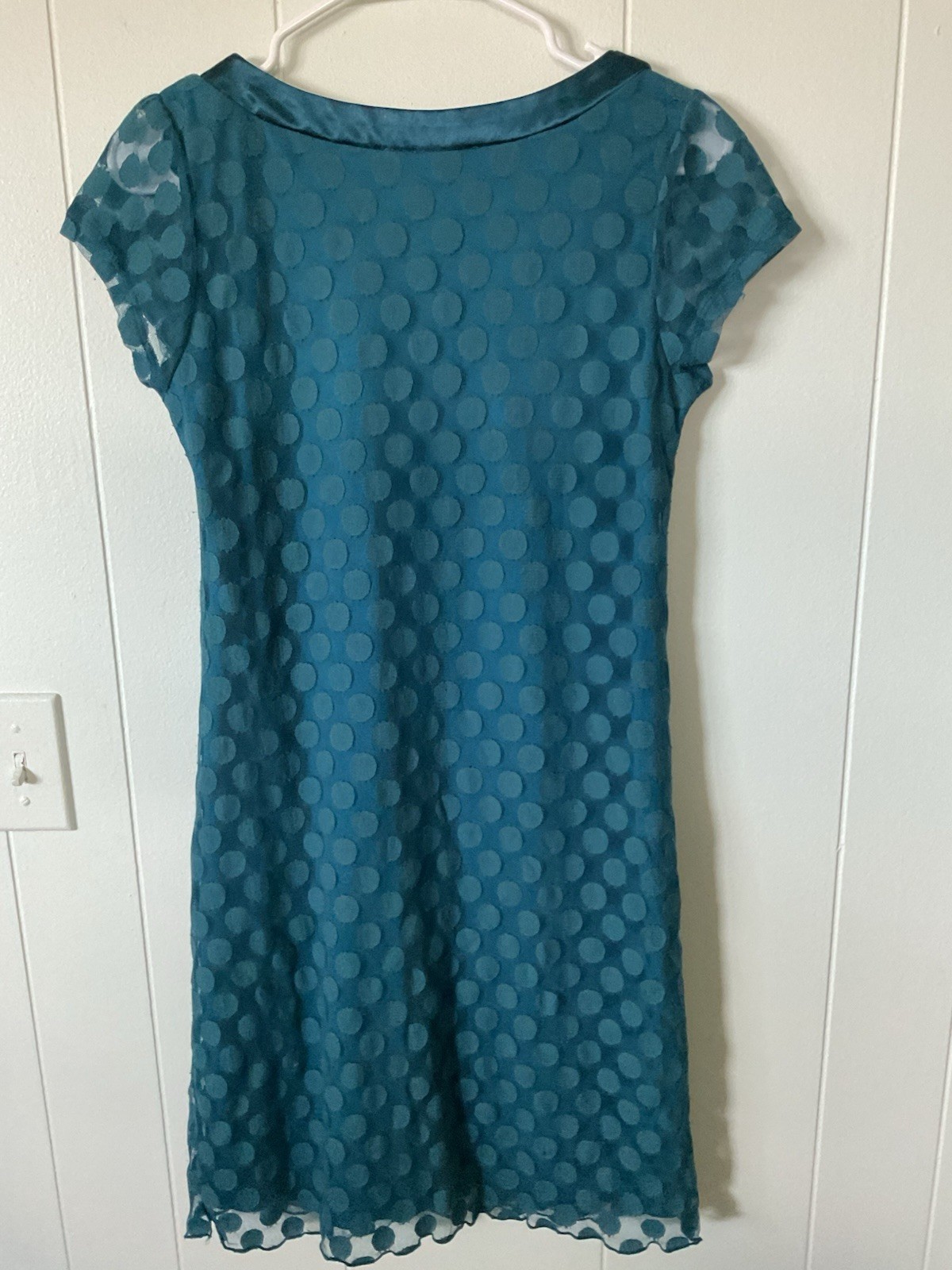 En Focus Studio Blue Polka Dot Mesh A-Line Dress Size 6 Scoop Neck Cap Sleeve