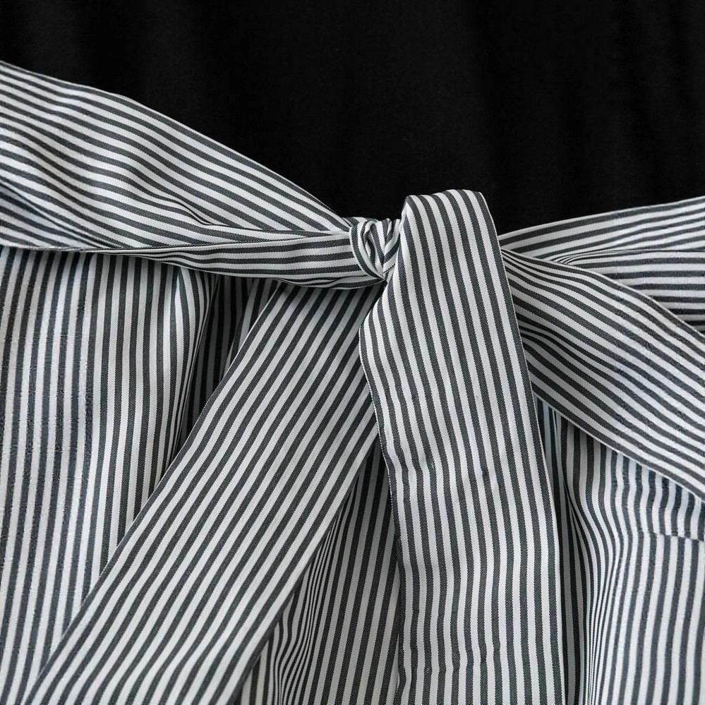 French Retro V-Neck Patchwork Dress – High Waist Black & White Striped A-Line Mi
