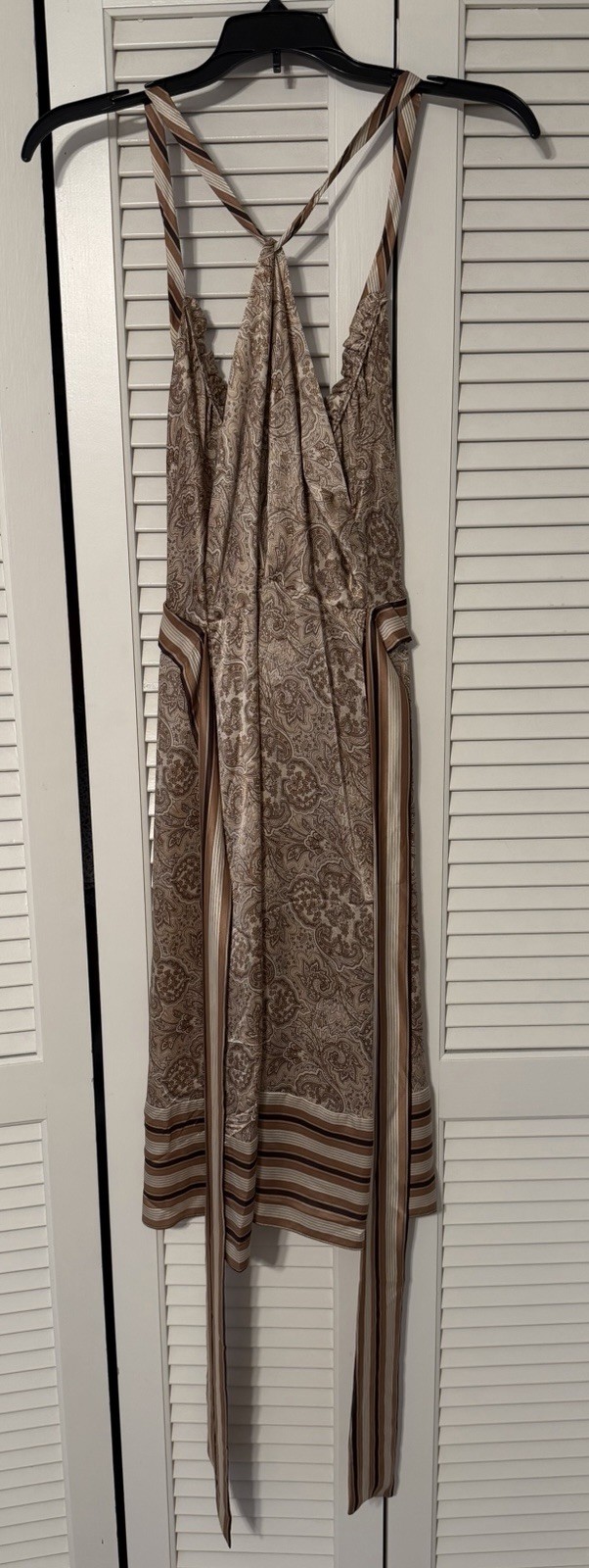 BCBG Maxazria Beautiful 100% Silk Brown Cream Paisley Stripe Tie Dress Medium M