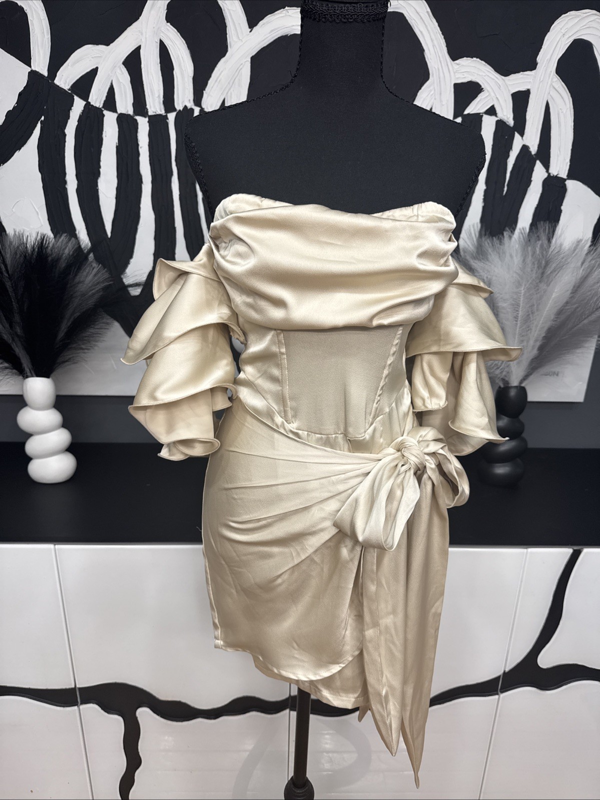 PrettyLittleThing Satin Off Shoulder Mini Dress Women’s US 4 Champagne Ruffle