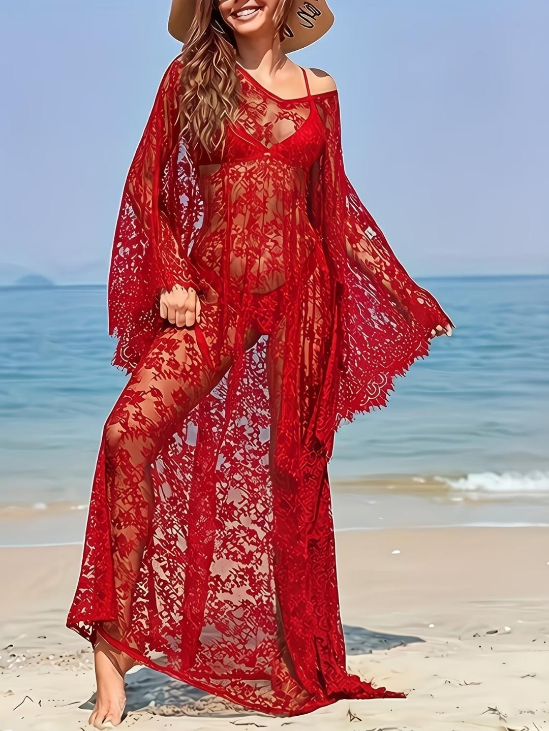 Plus One Size Lace Kaftan Flowing Kimono Sleeve Swim Cover-Up ✨New