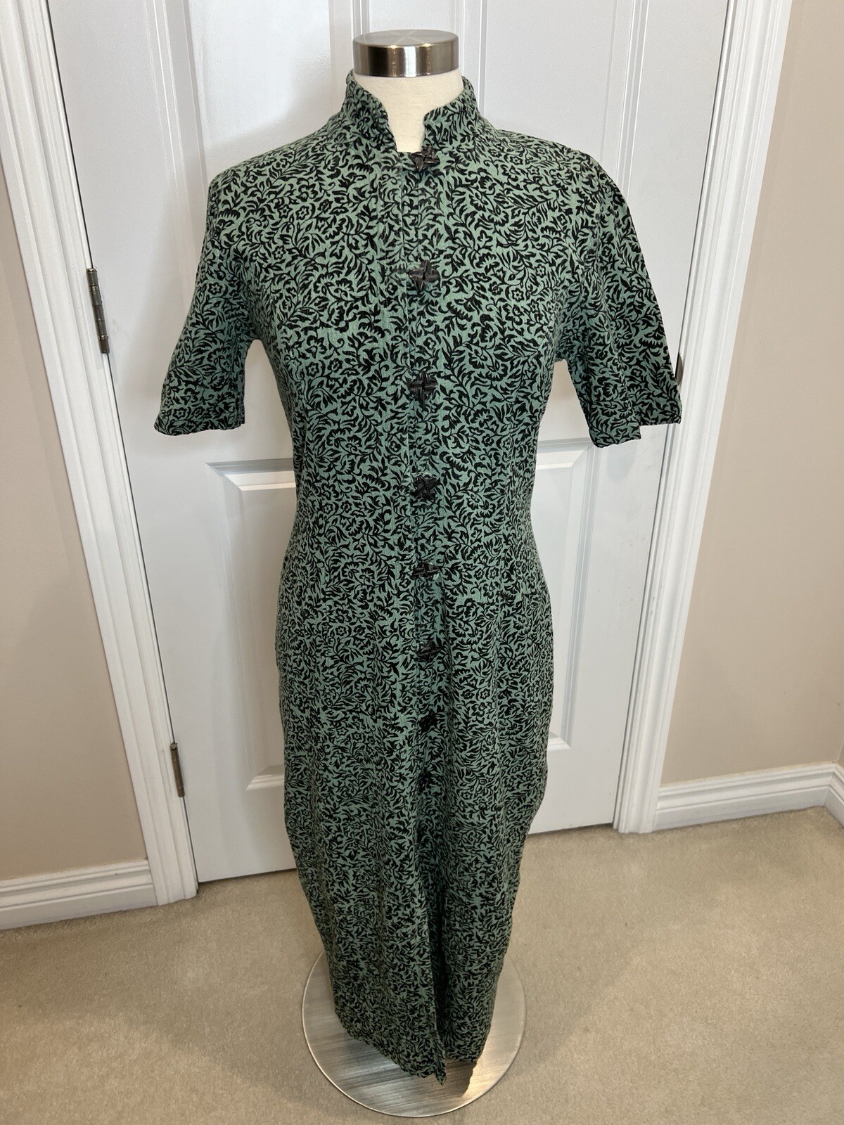 Cheppu Nepal Women Green Brown Art To Wear Mandarin Festival Front Shirt Dress M