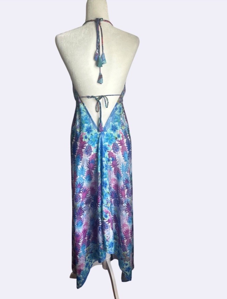 India Boutique, Women’s Long Backless Halter Dress Blue Purple Pink (Free Size)