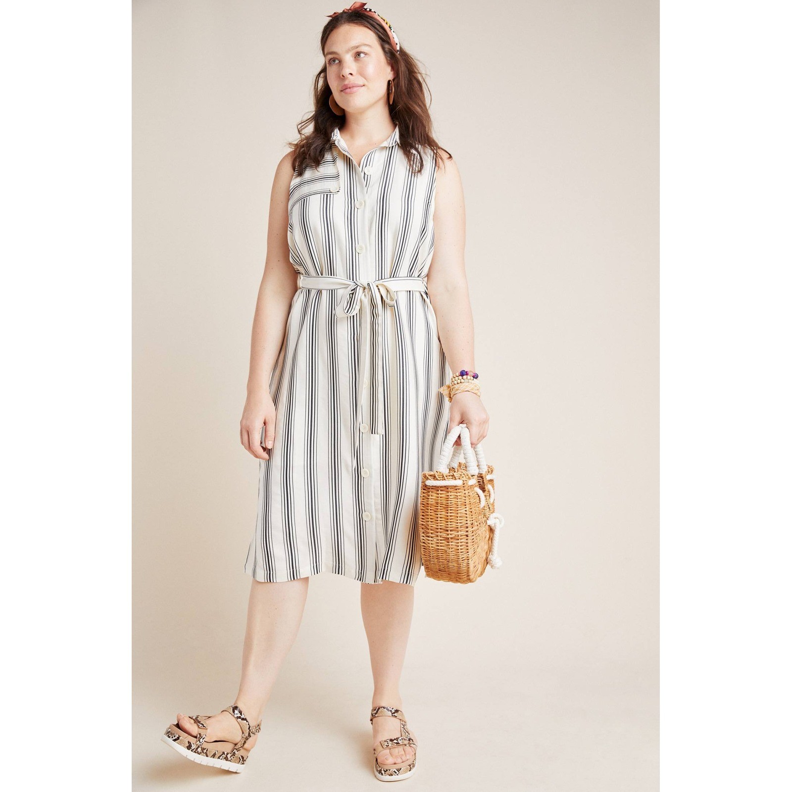 Maeve Anthropologie Esther Ivory Black Striped Sleeveless Belted Shirt Dress 12