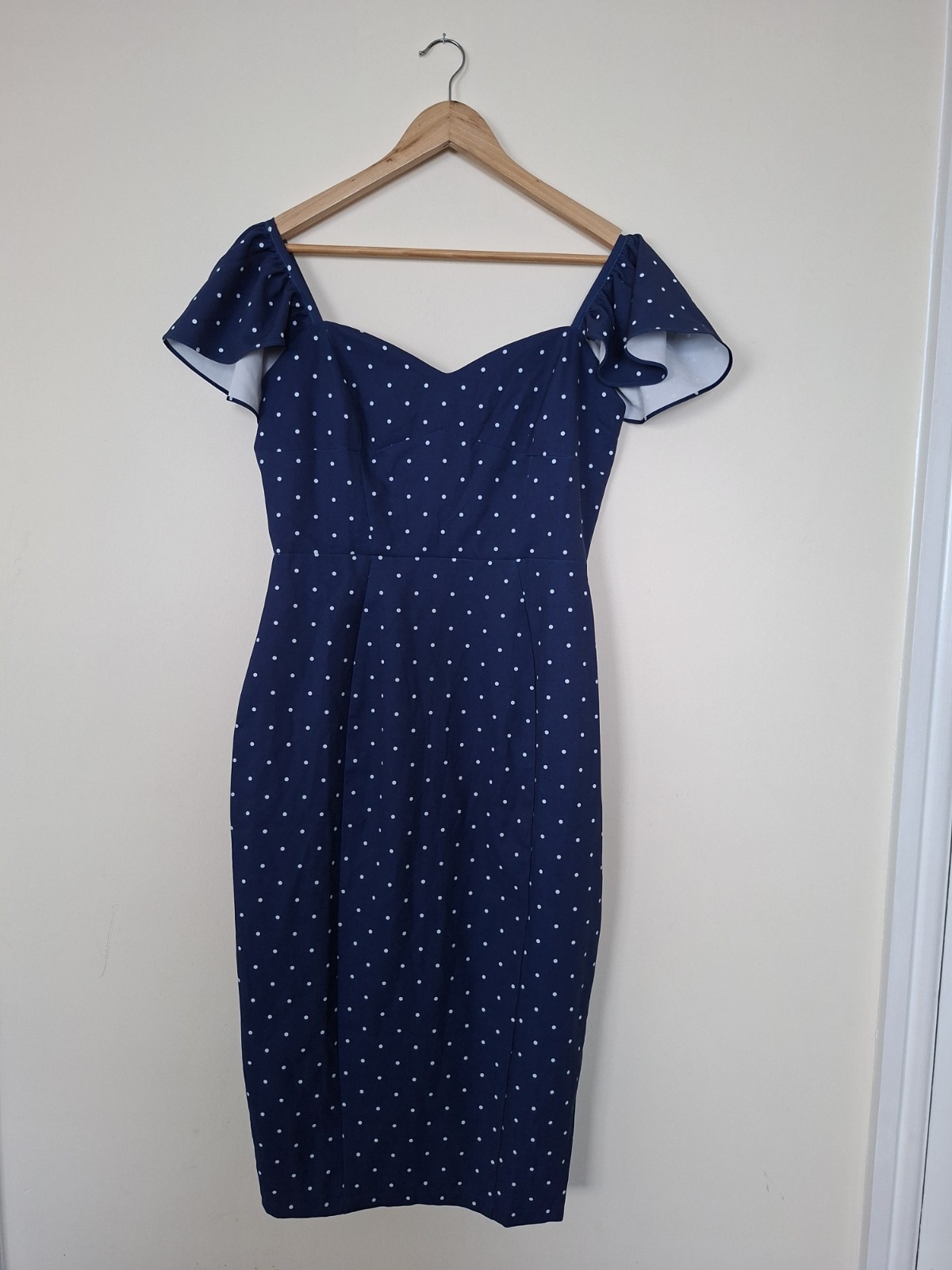 Little Mistress Navy Polka Dot Bardot Midi Dress UK 12 Retro Pin Up Bodycon NWT