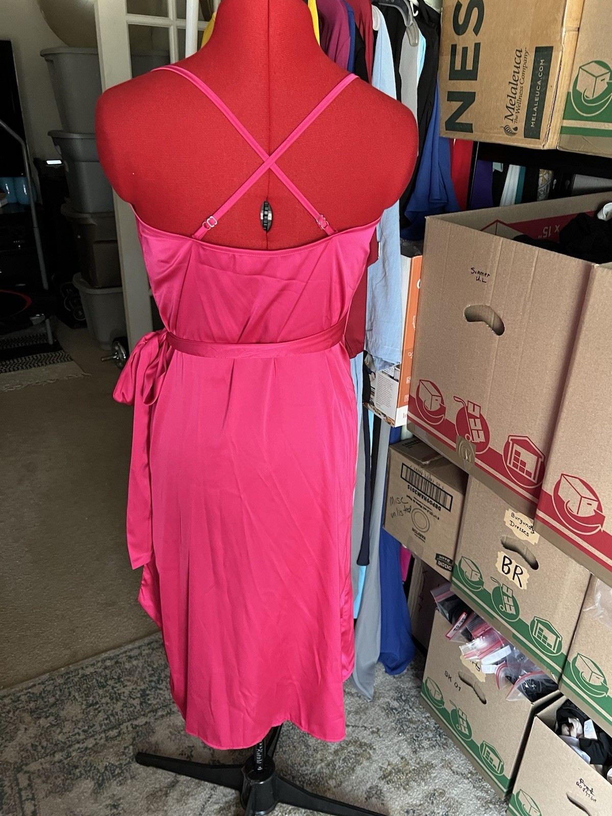 Womens Spaghetti Strap Cross Back Pleated Satin Wrap Dress. Medium