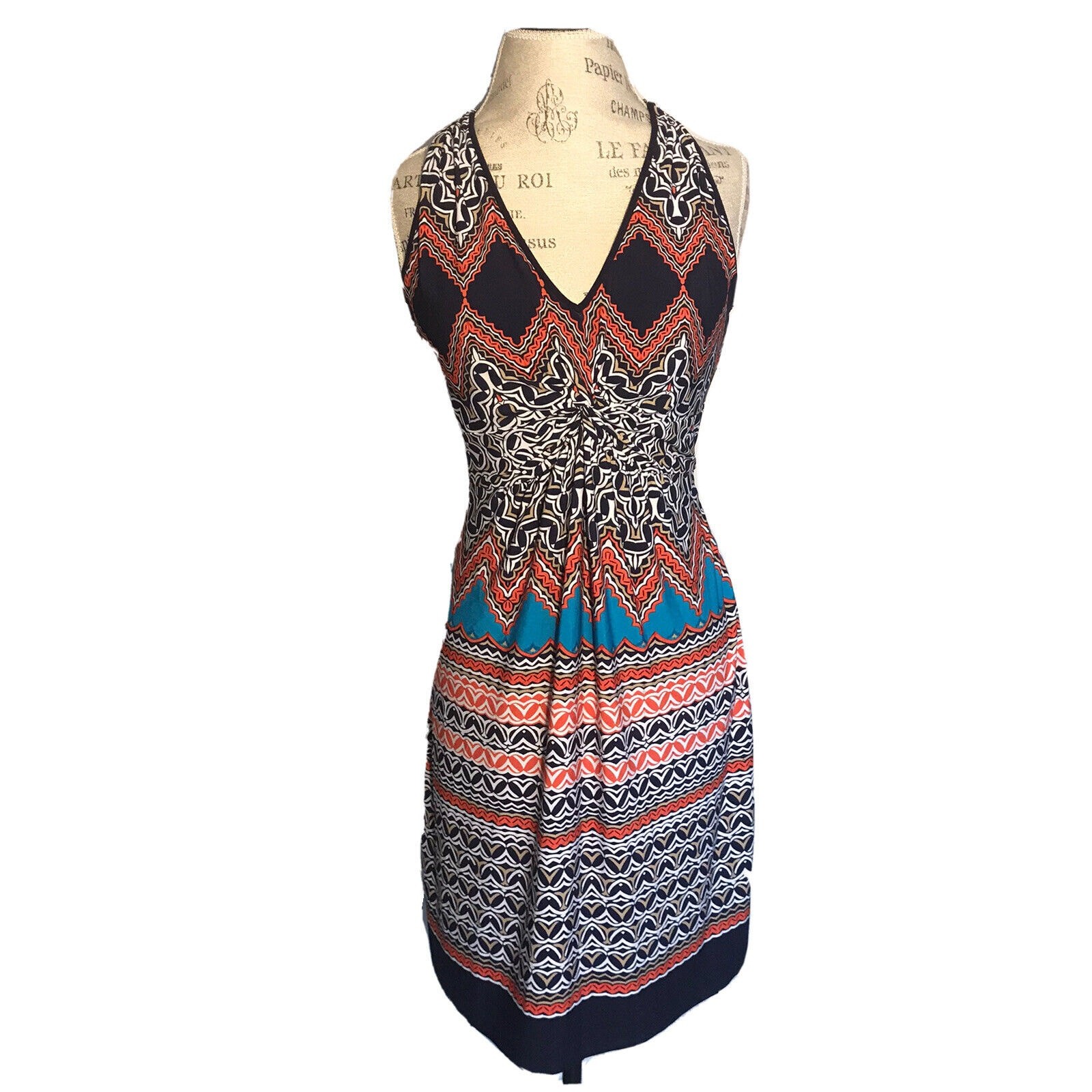 LAUNDRY by Shelli Segal Sleeveless V-Neck Boho Dress Rouched Waist Sz 4 tribal