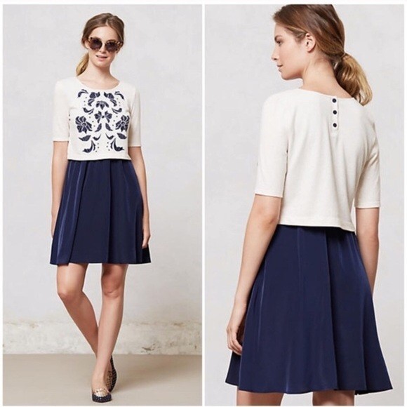 Anthropologie Lilka Elise Size XS Ivory Navy Floral Knee Length Button Dress