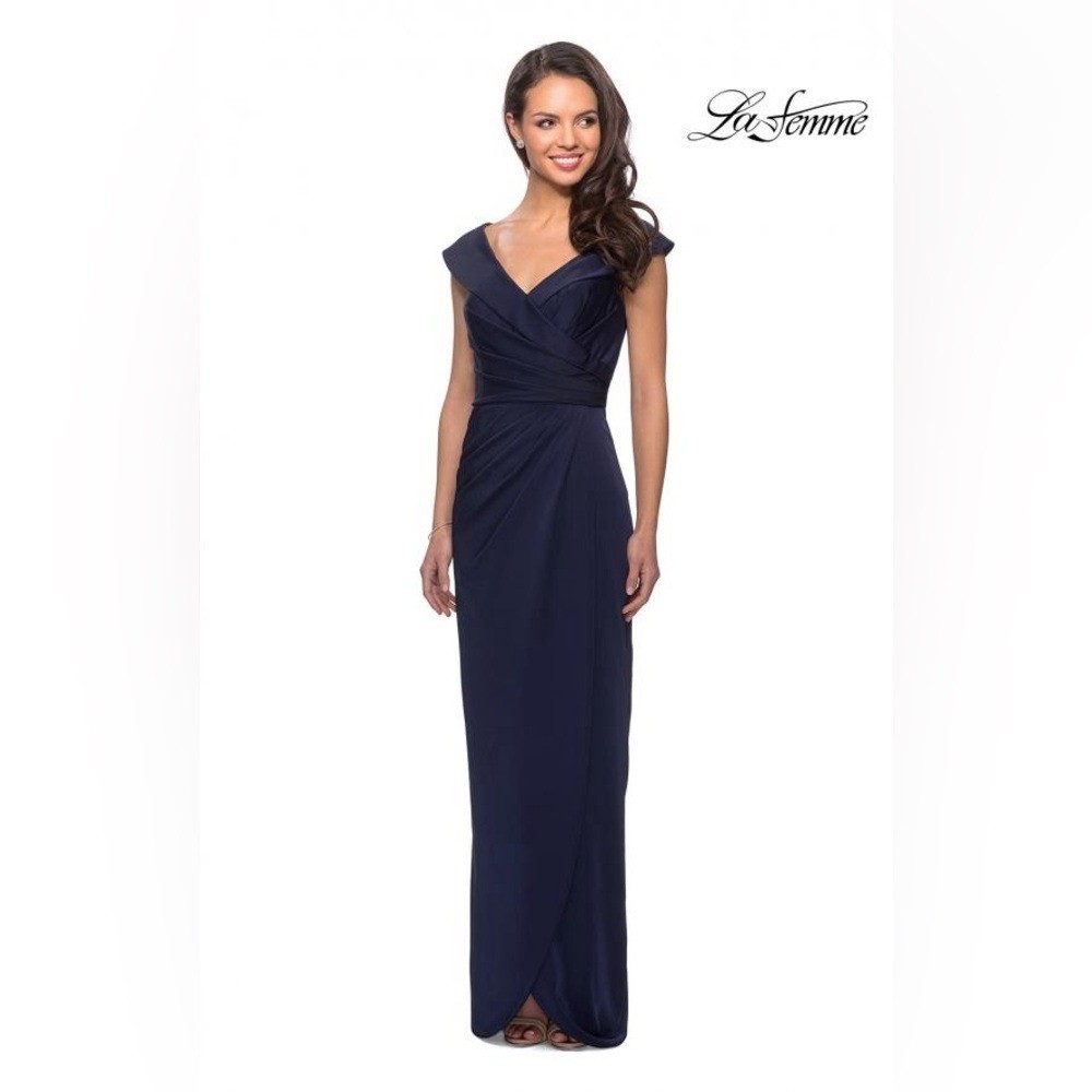 La Femme 25206 Surplice Off The Shoulder Navy Blue Evening Dress Maxi Gown Event