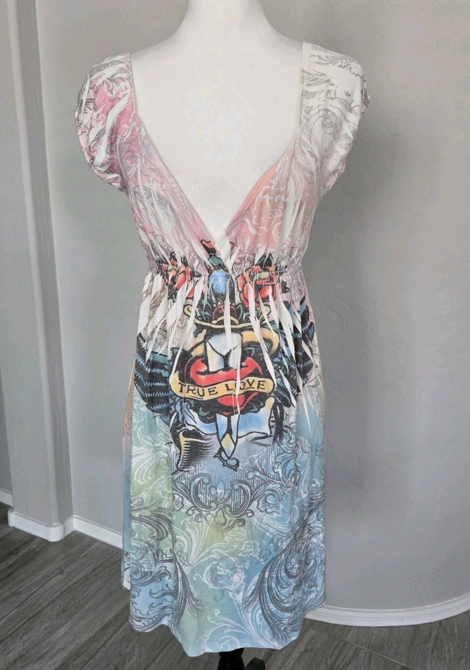 Y2K Vtg Tattoo Floral Heart Press Apparel Sundress Cap Sleeve Midi Dress Sz S