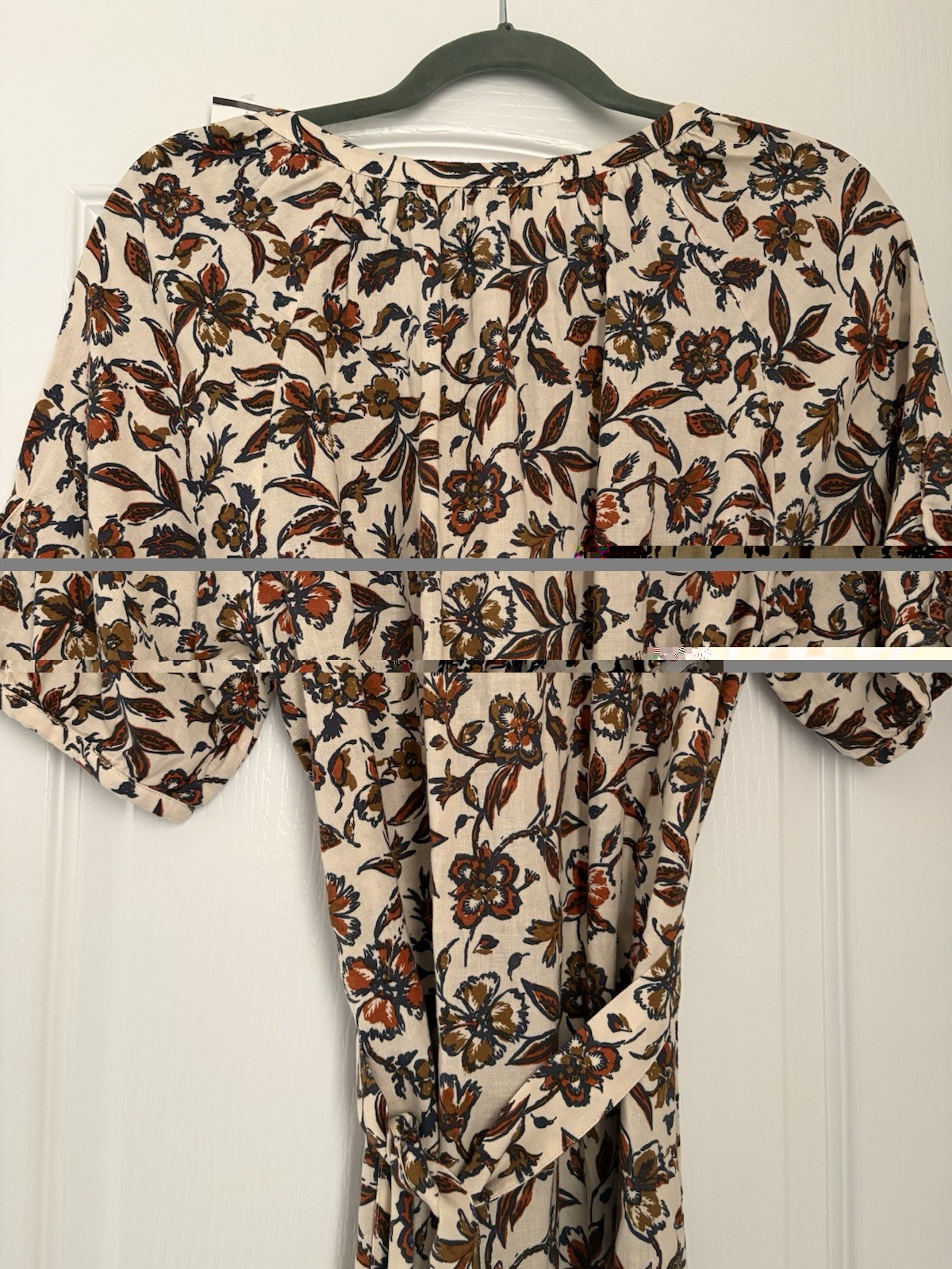 Faherty Women’s S Ivory Floral Linen V-Neck Puff Sleeve Tie Waist A-Line Dress