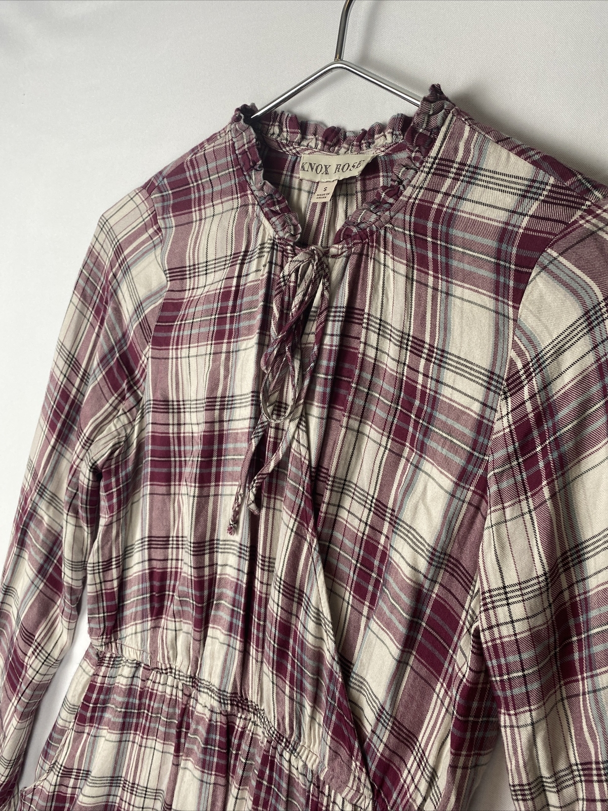 Knox Rose Maroon Plaid Long Sleeve Sheath Dress Size S flanel tie up neck line