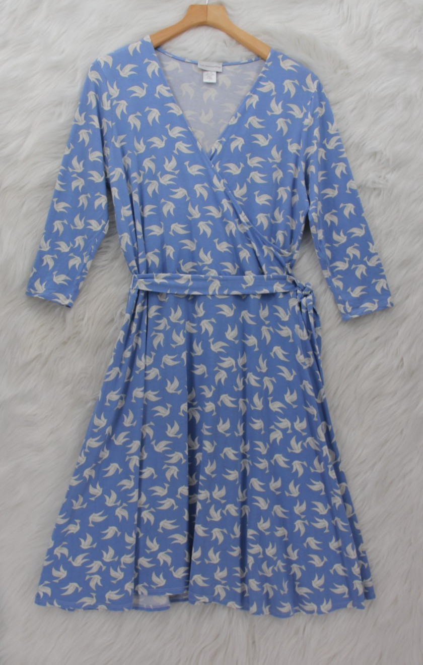Soft Surrounding Dress Womens L V Neck Moc Wrap Blue Dove Print Bird Midi Preppy