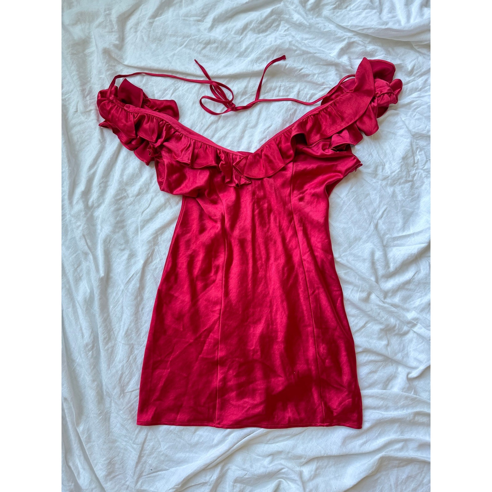 Princess Polly Butacup Frill Mini Dress Red Satin Ruffle V-Neck US 10 NWT